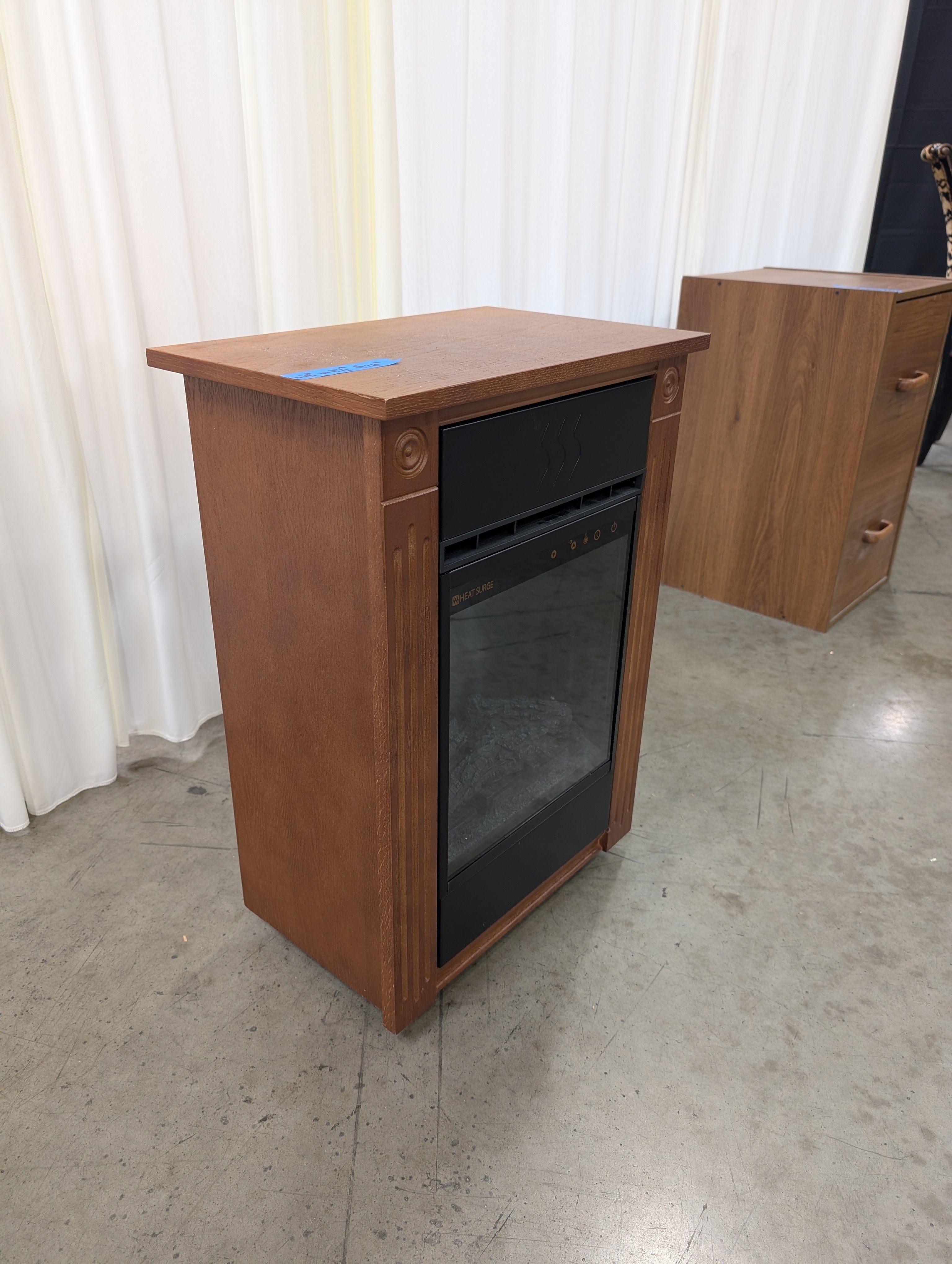 Compact Freestanding Electric Fireplace with Dark Wood Mantel
