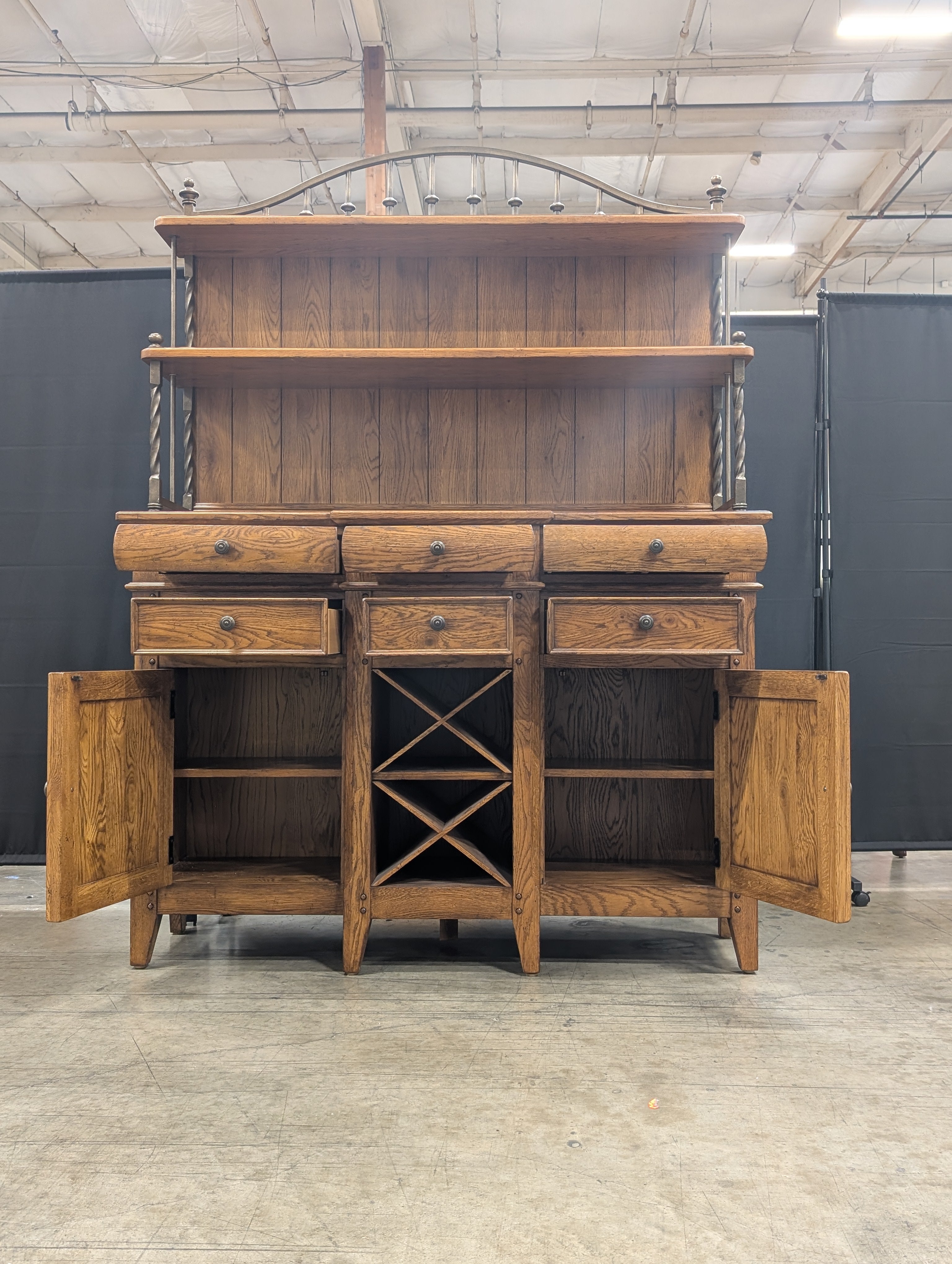 Thomasville Rustic Wood and Dark Metal Hutch Cabinet with Wine Rack