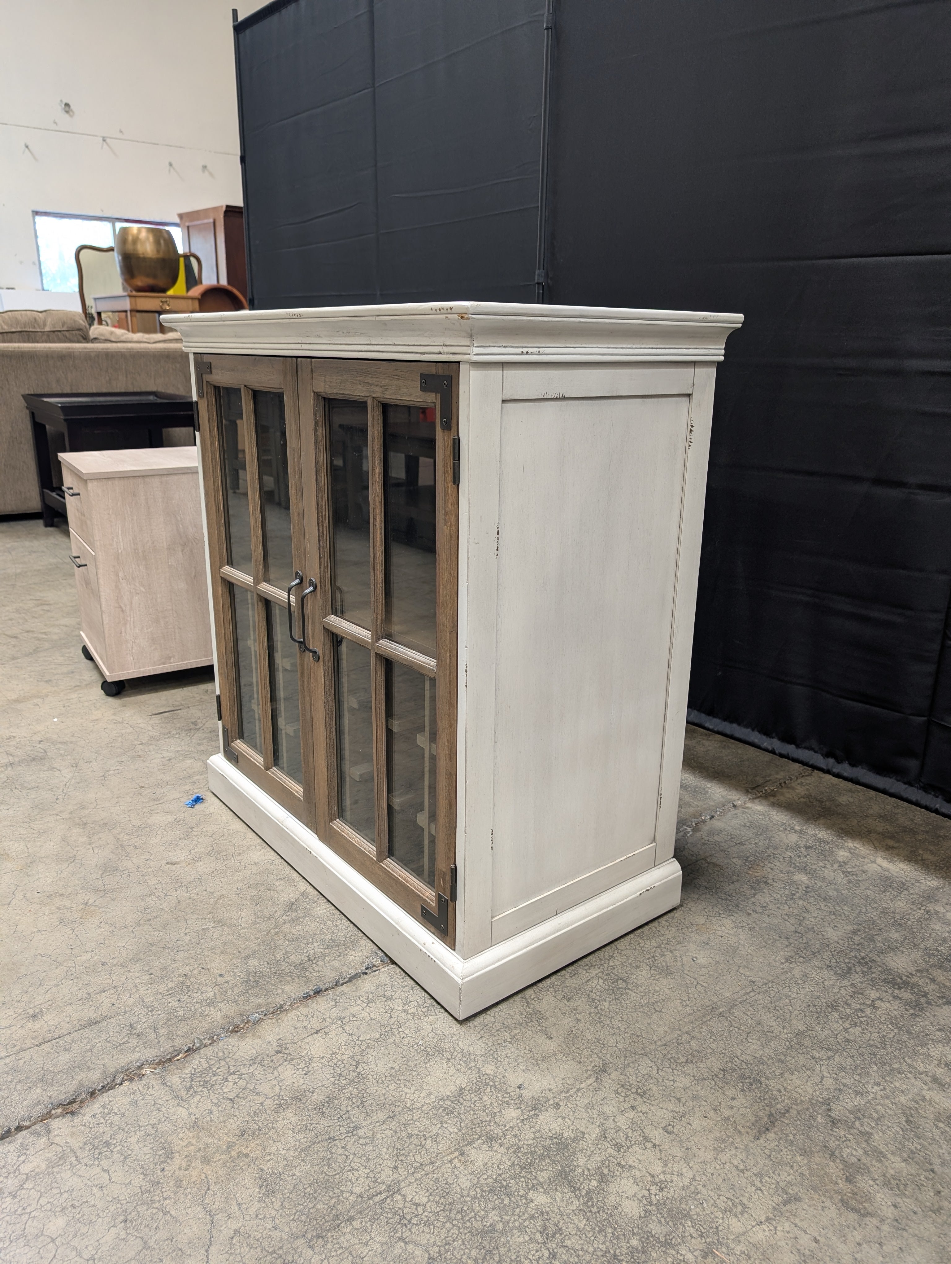 Two-Tone Distressed White Wine Cabinet with Glass Doors