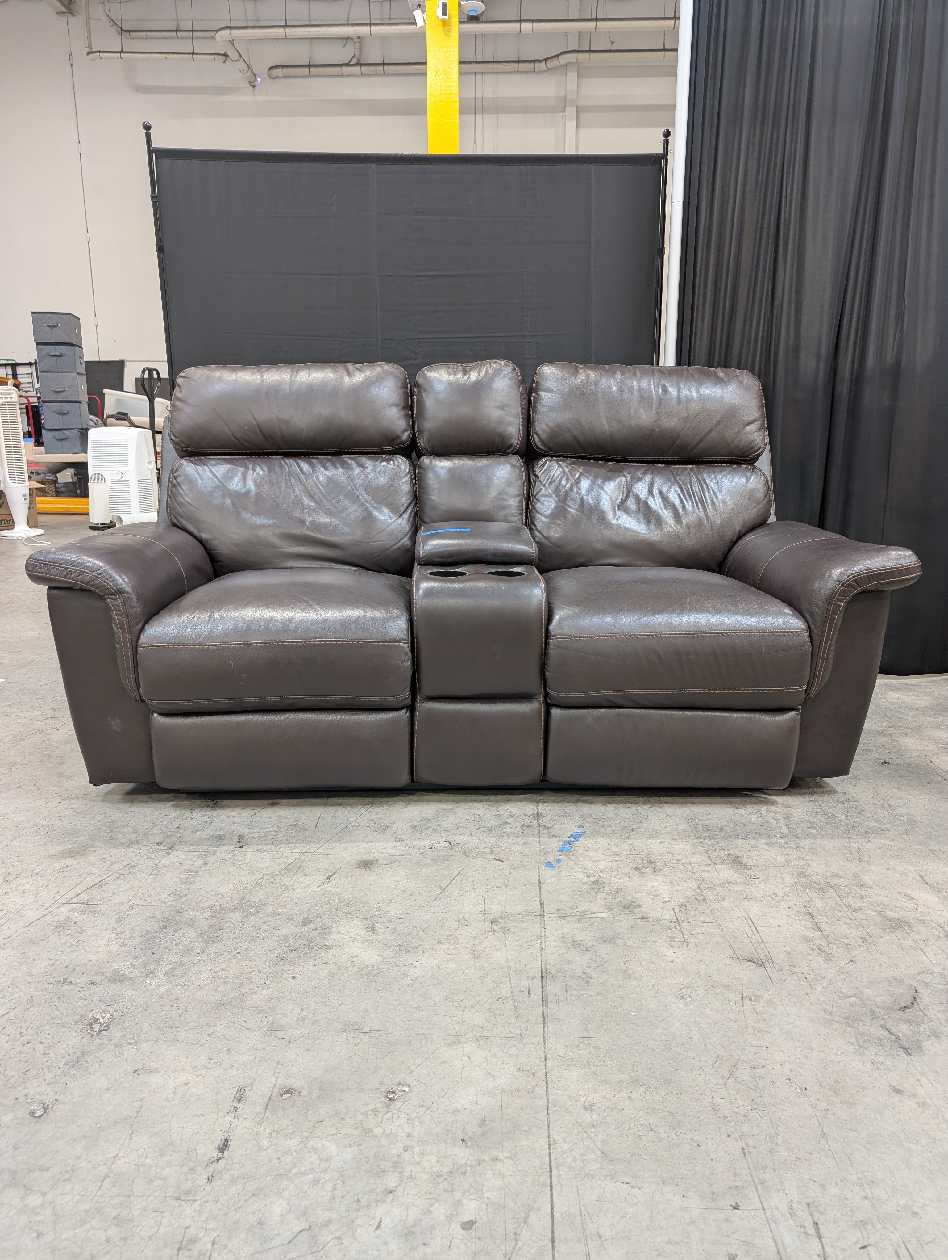 Brown Leather-Look Reclining Couch with Cup Holders