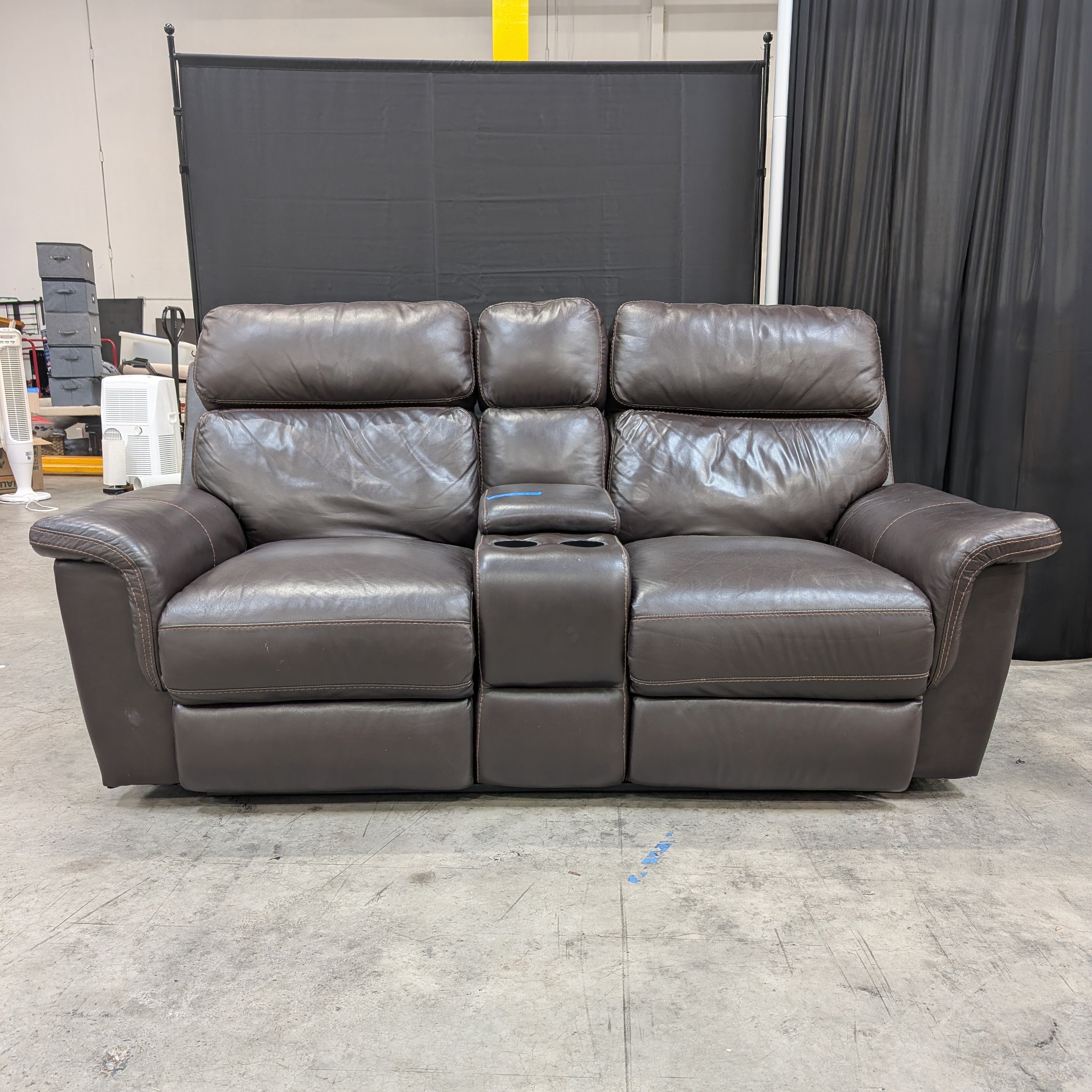Brown Leather-Look Reclining Couch with Cup Holders