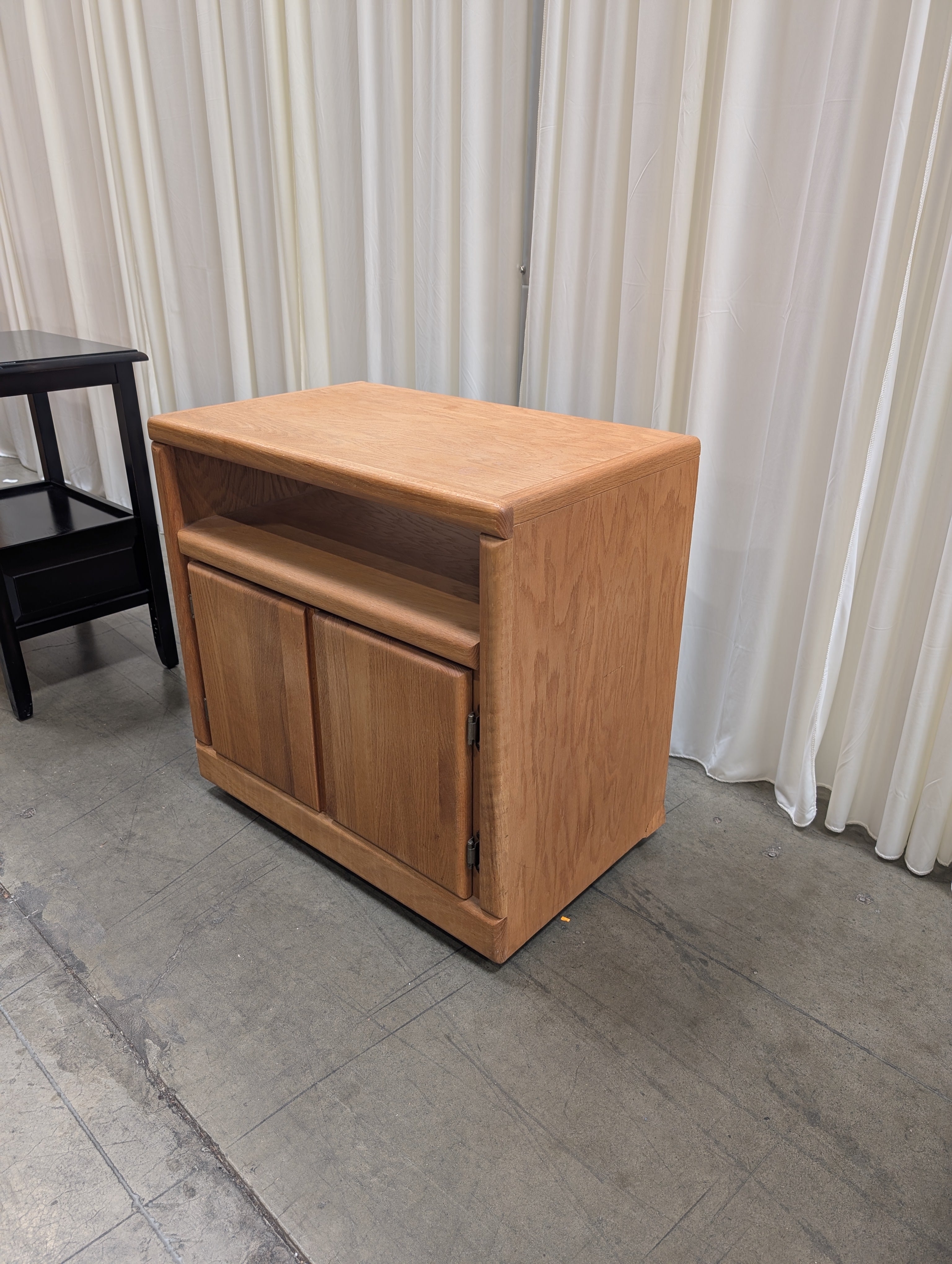 Oak Two-Door TV Stand with Open Shelf
