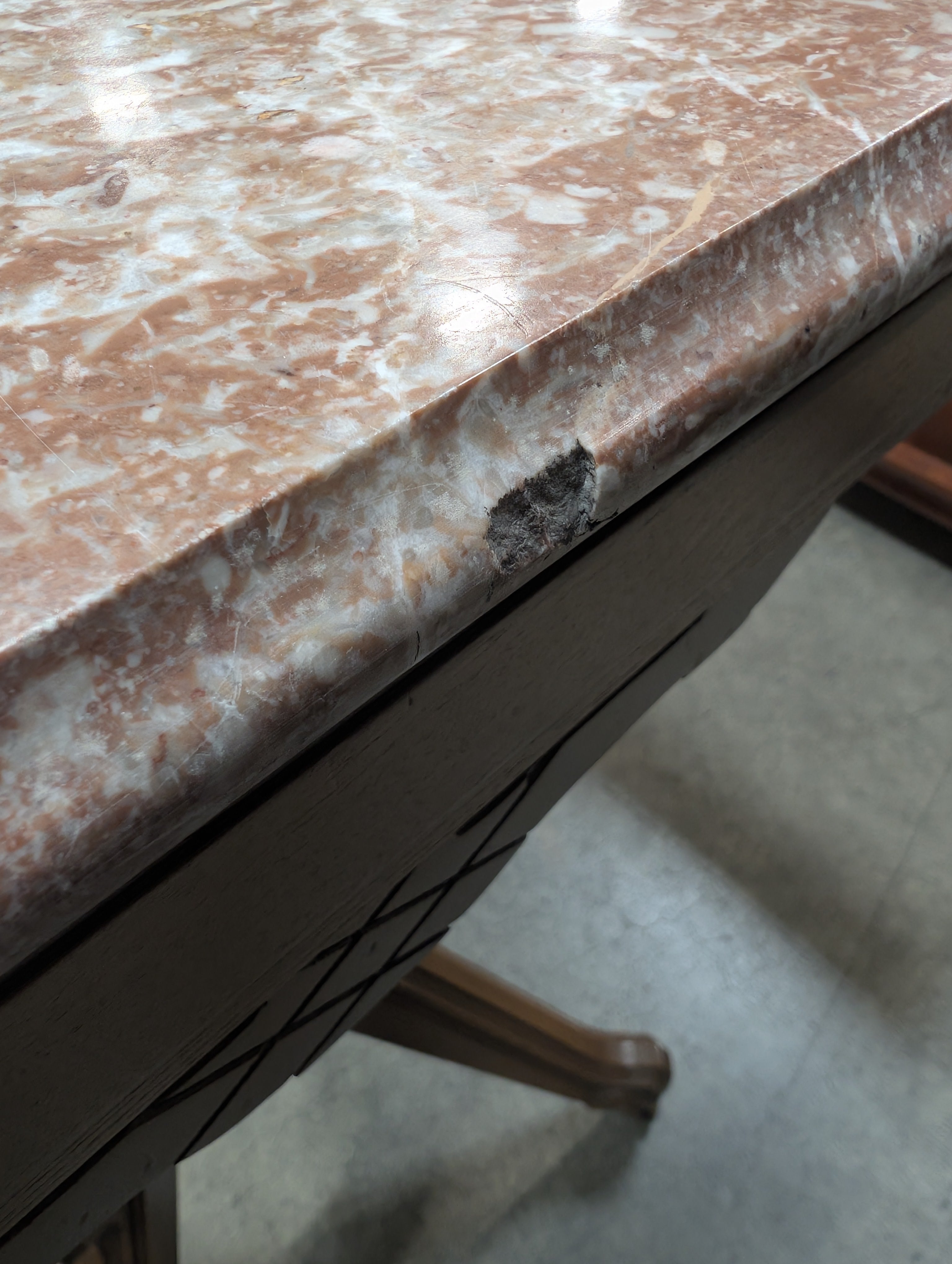 Vintage Hexagonal Marble Top Accent Table with Carved Wood Base