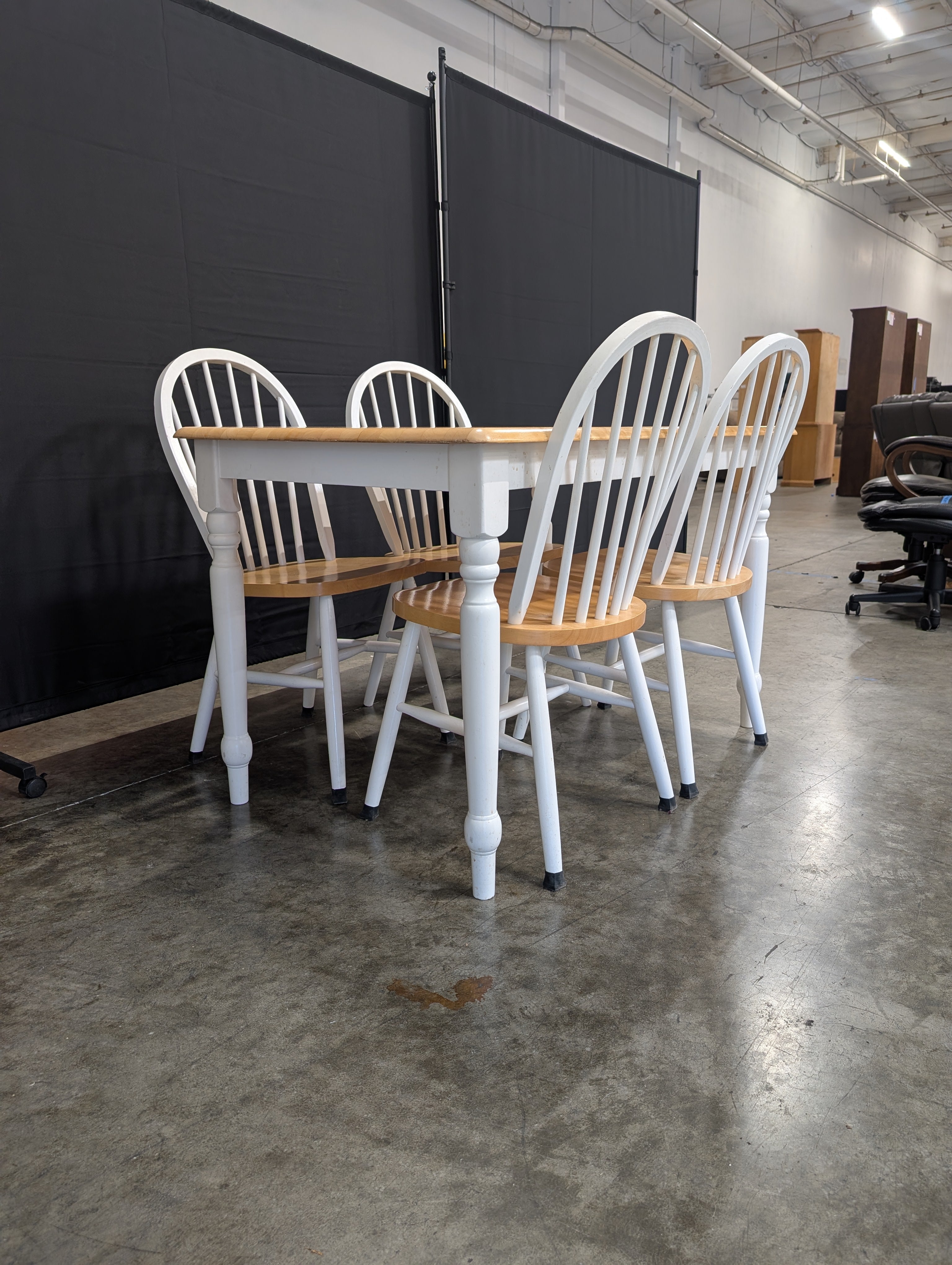 Set of Four Wooden Dining Chairs & Butcher Block Style Dining Table with White Legs