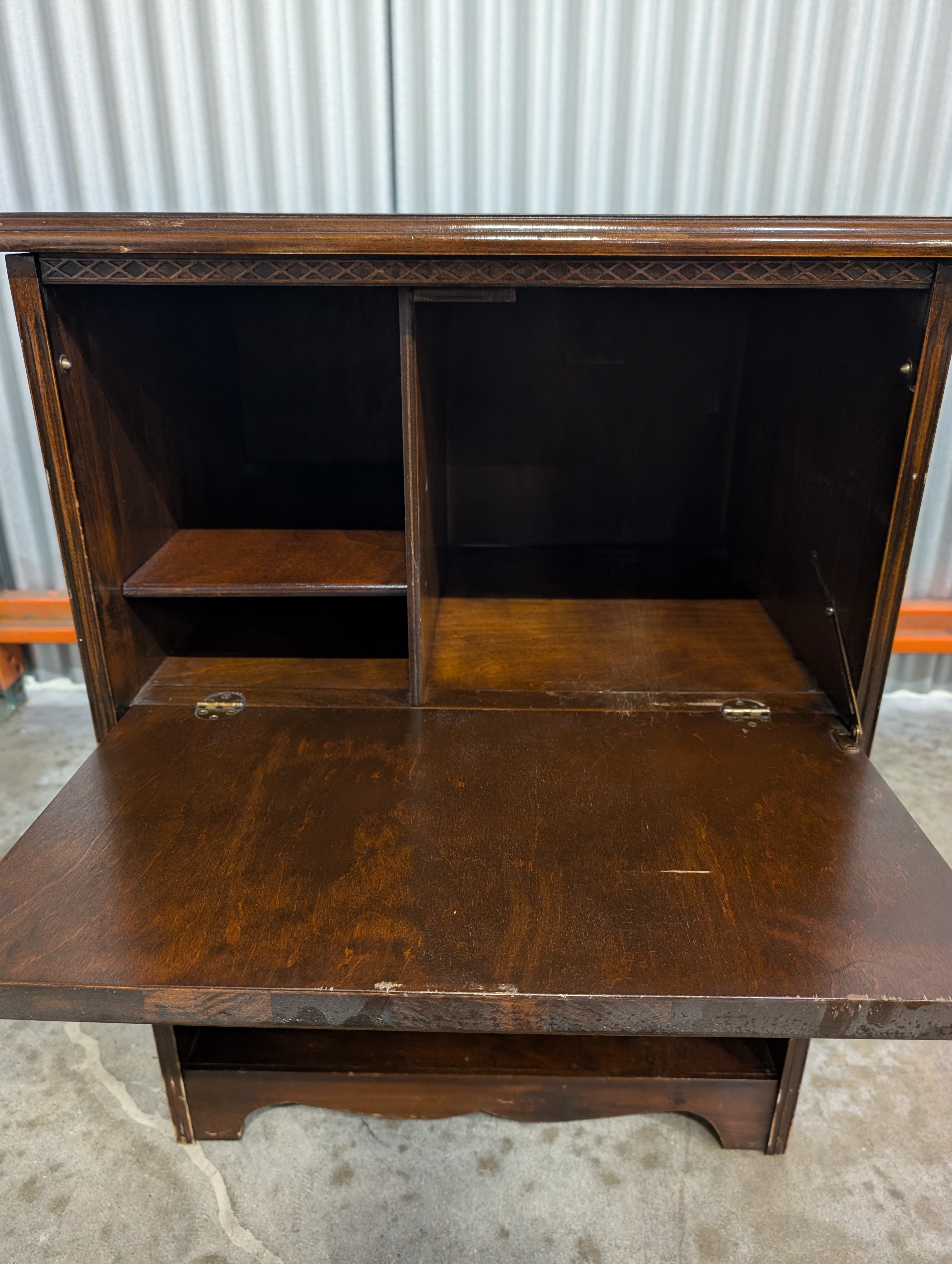 Dark Stained Wood Side Cabinet with Drawer and Open Shelves