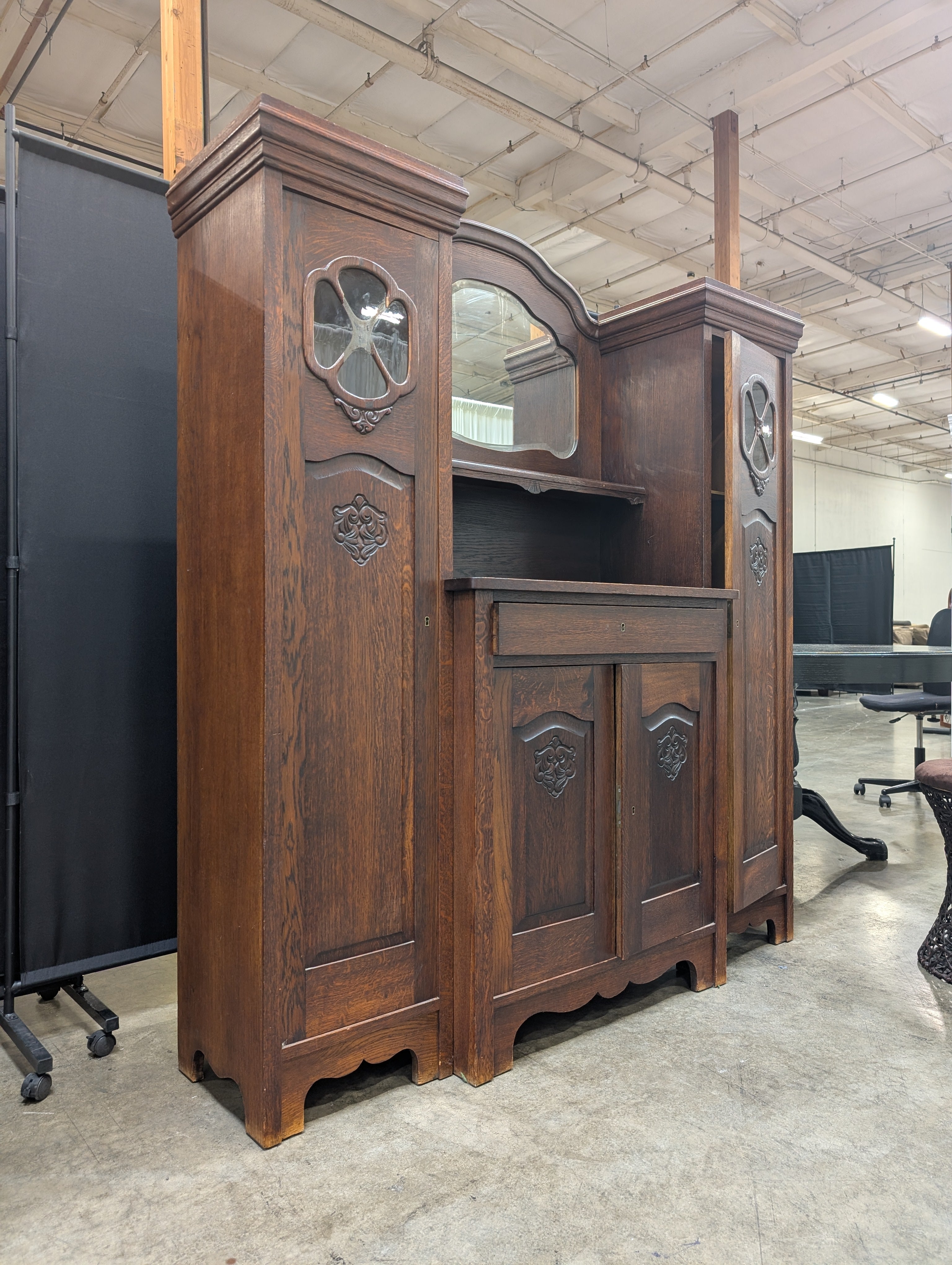 Carved Dark Wood China Cabinet with Mirror