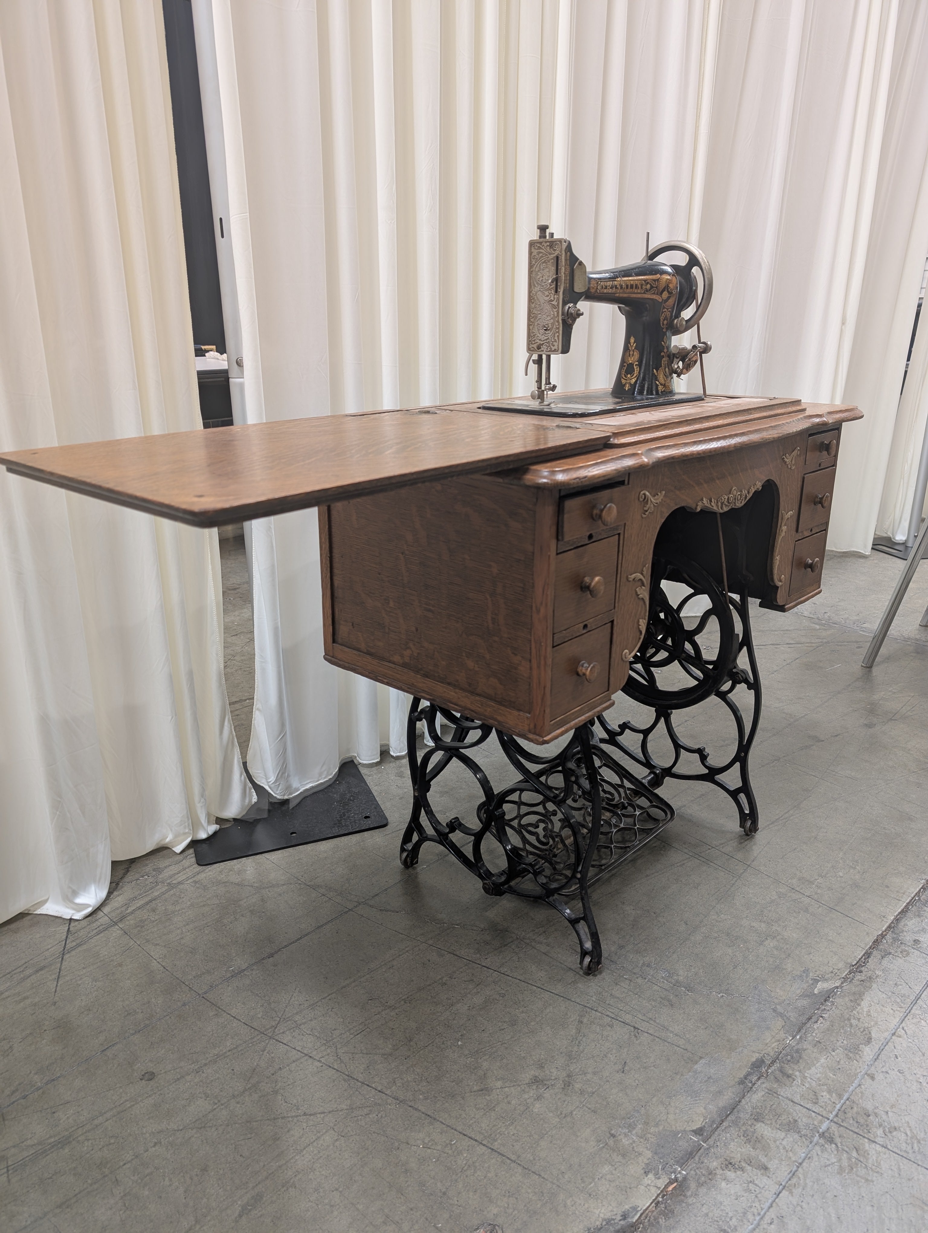 Oak Wood Antique Sewing Machine Cabinet with Ornate Details