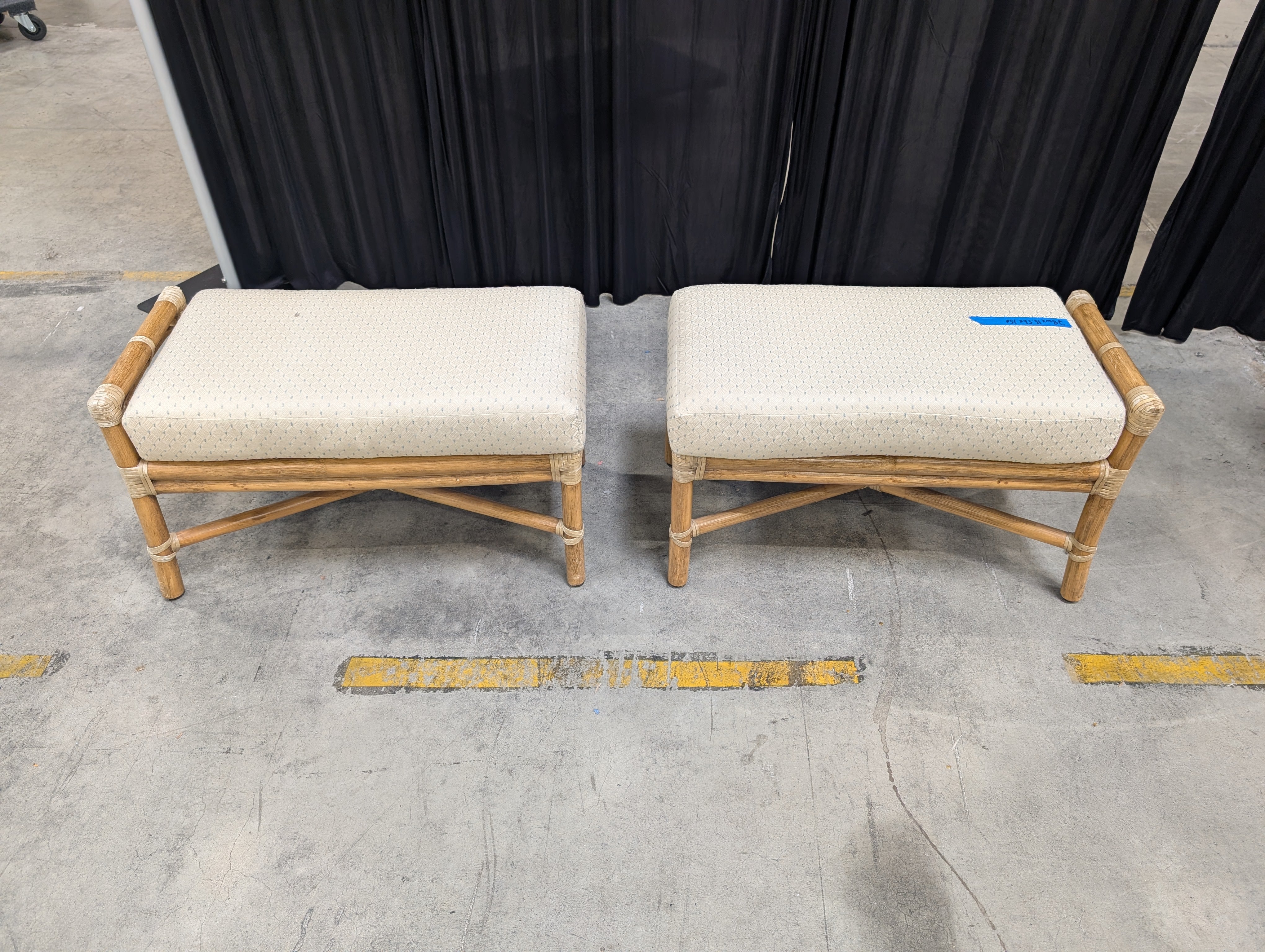 Pair of Cream Patterned Upholstered Bench with Bamboo Frame