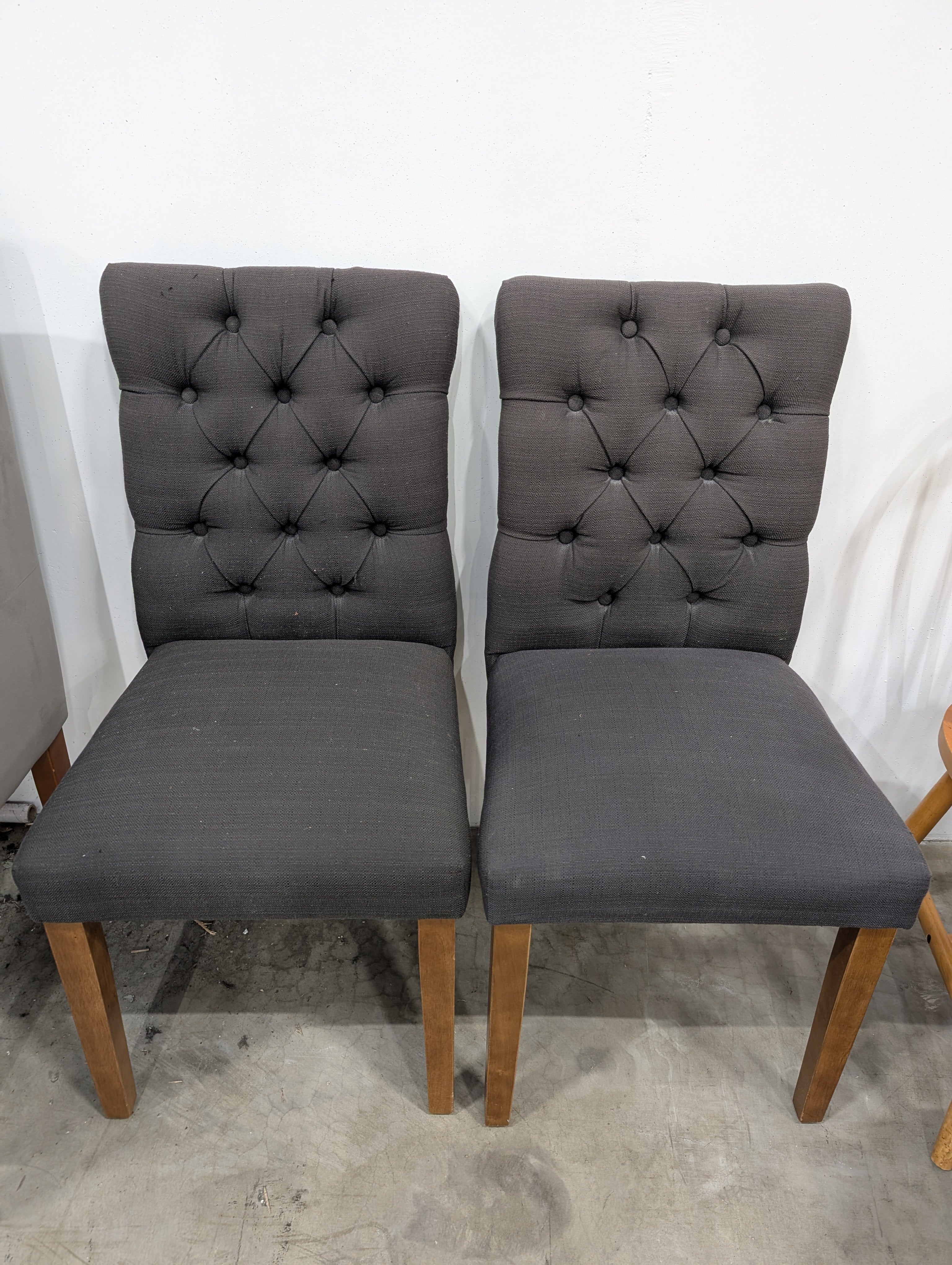 Dark Gray Button-Tufted Dining Chair with Wood Legs