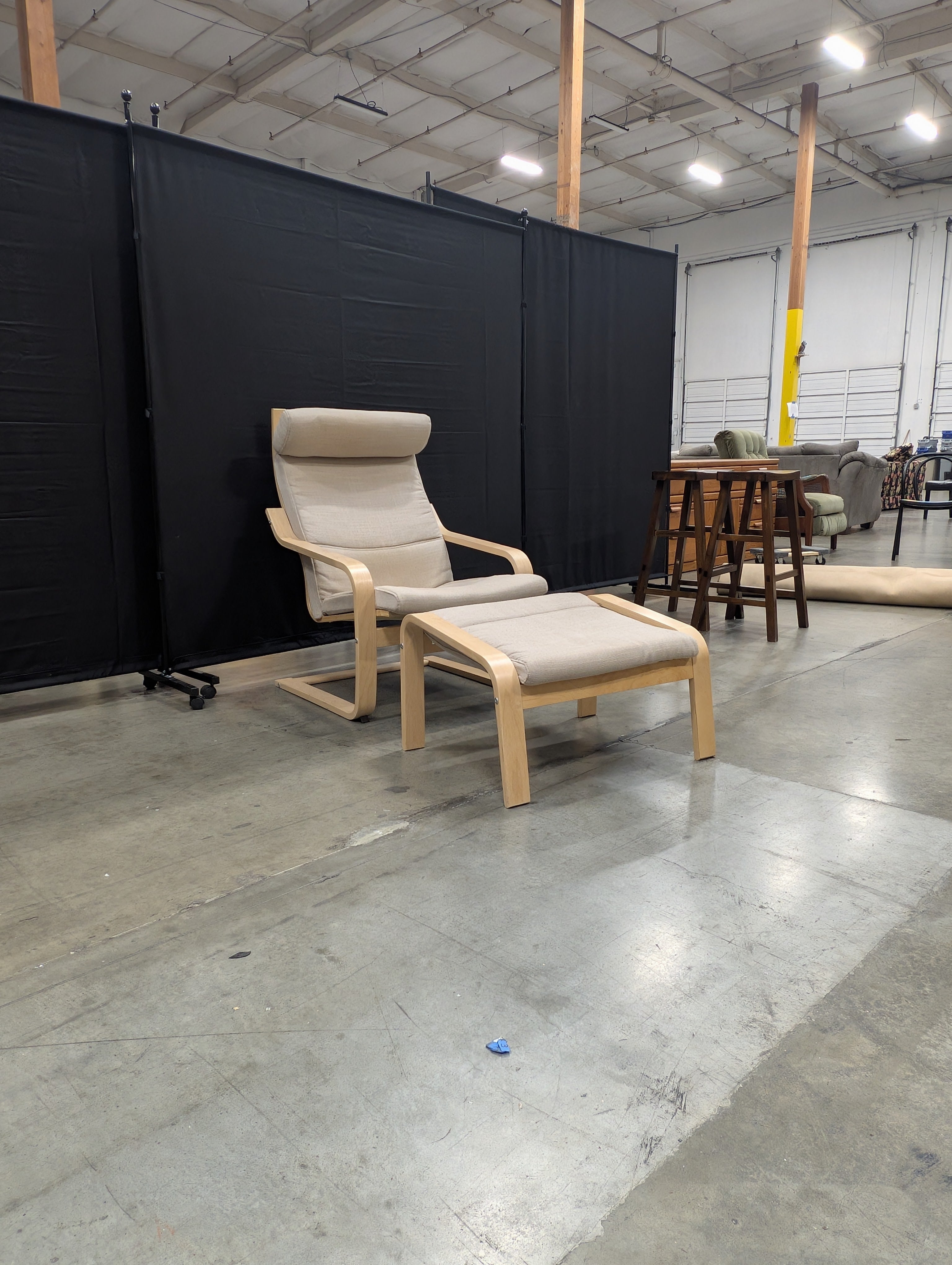 Used IKEA Poäng Armchair and Ottoman Set, Wood Frame, Beige Fabric