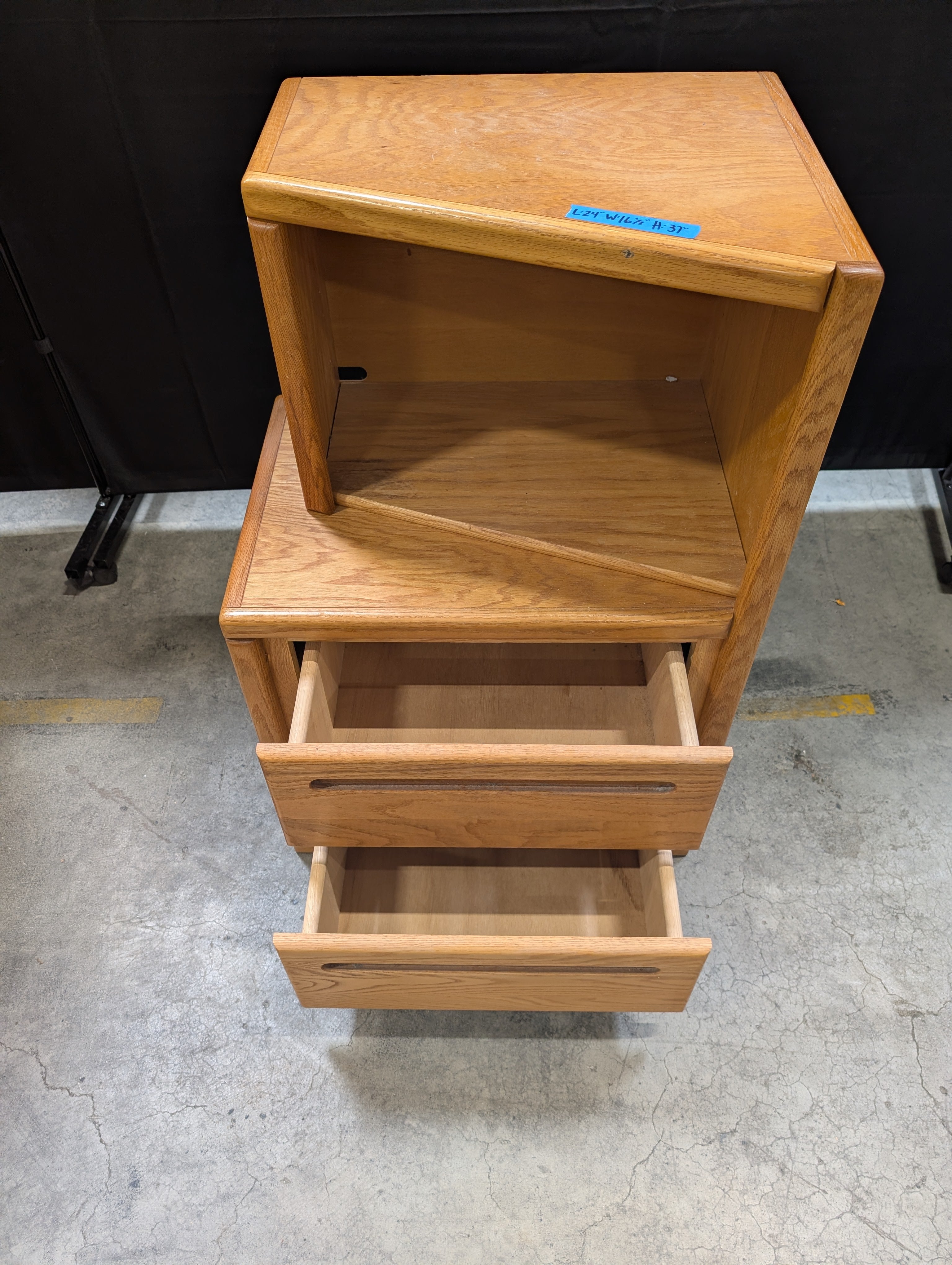 Honey Oak Two-Drawer Nightstand with Shelf