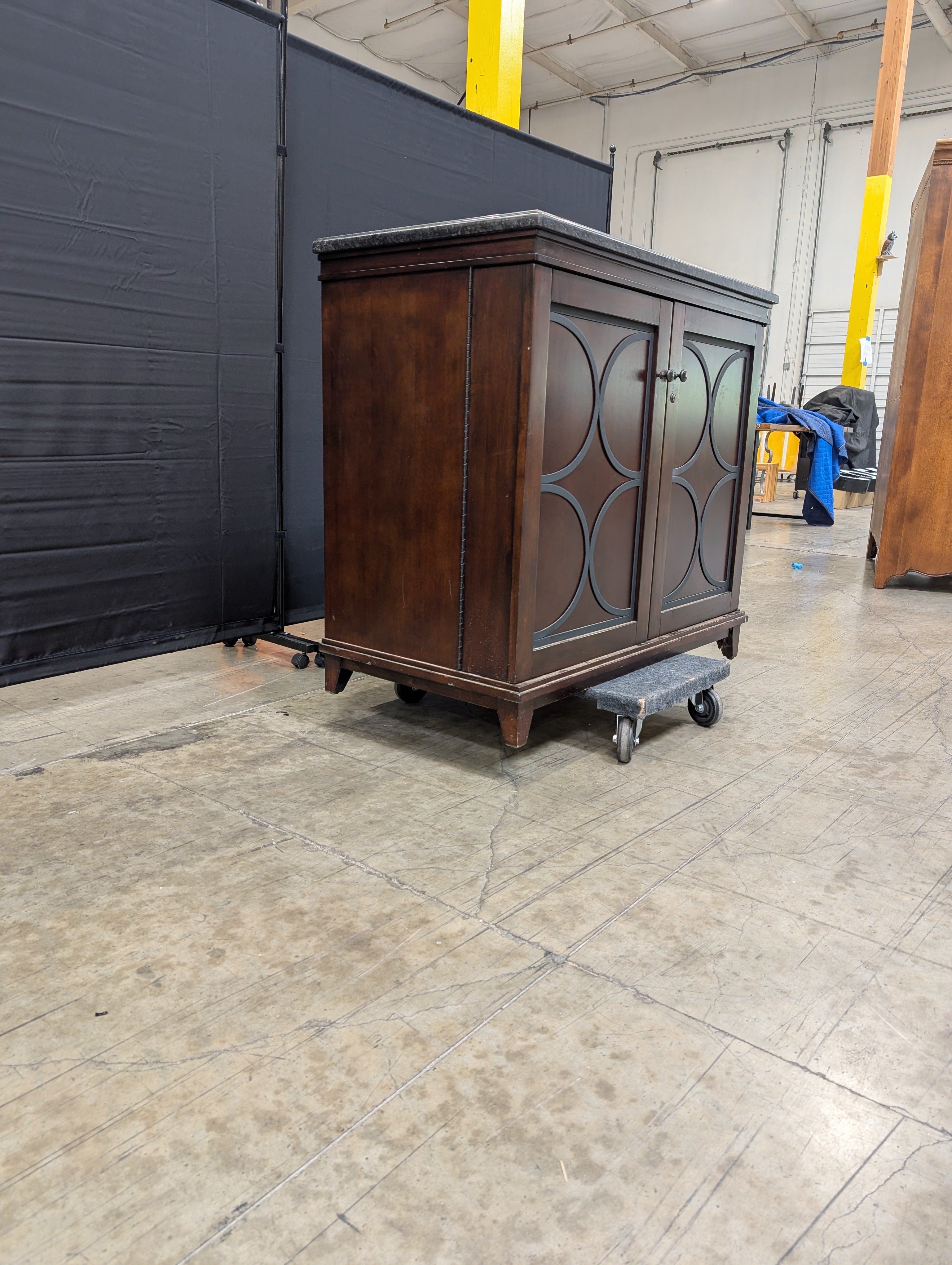 Dark Wood Wine Storage Cabinet with Granite Top and Decorative Doors