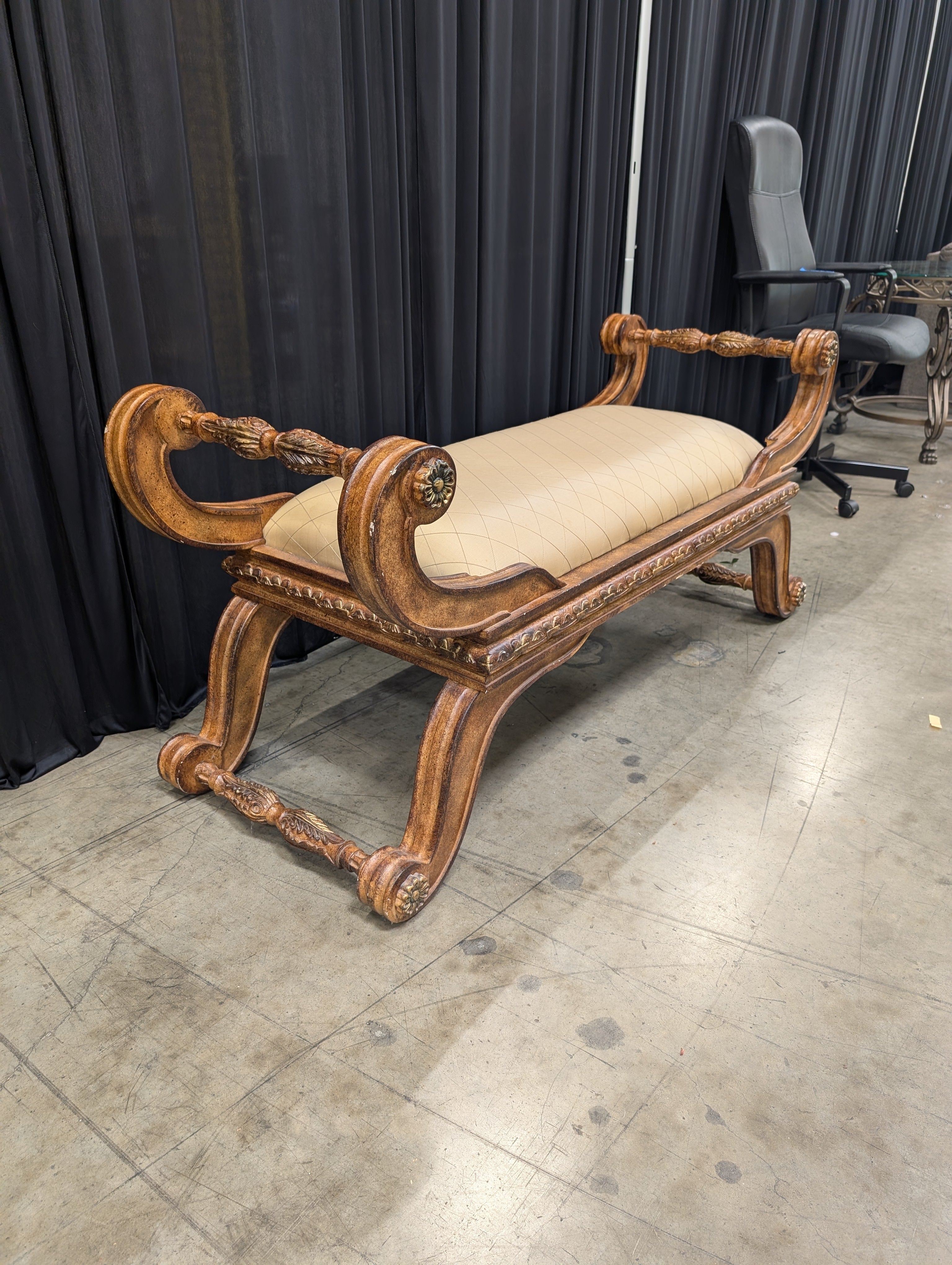 Ornate Carved Wood Chaise Lounge with Fringe Trim
