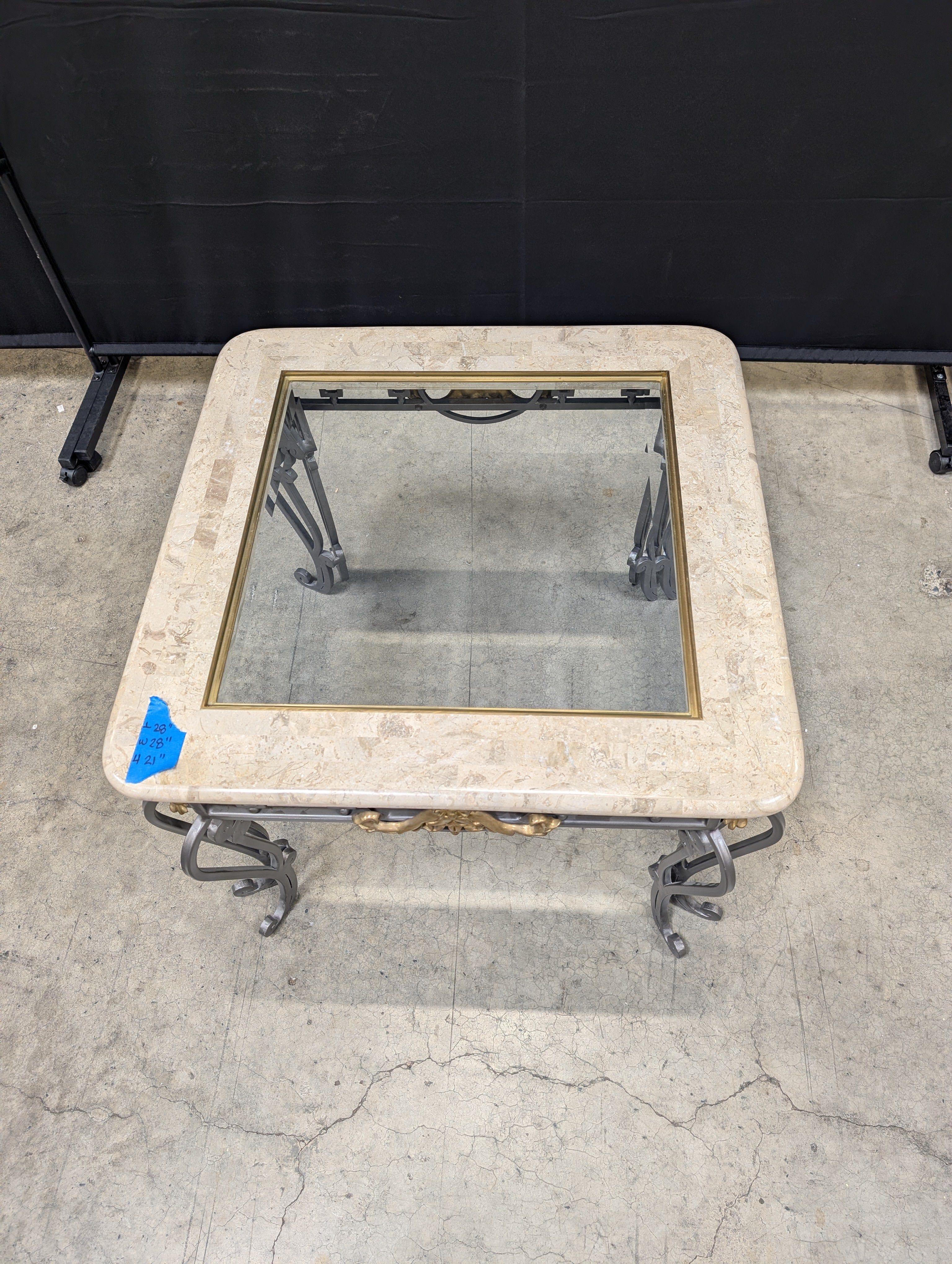 Stone Top Glass Insert Side Table with Scrollwork Metal Base