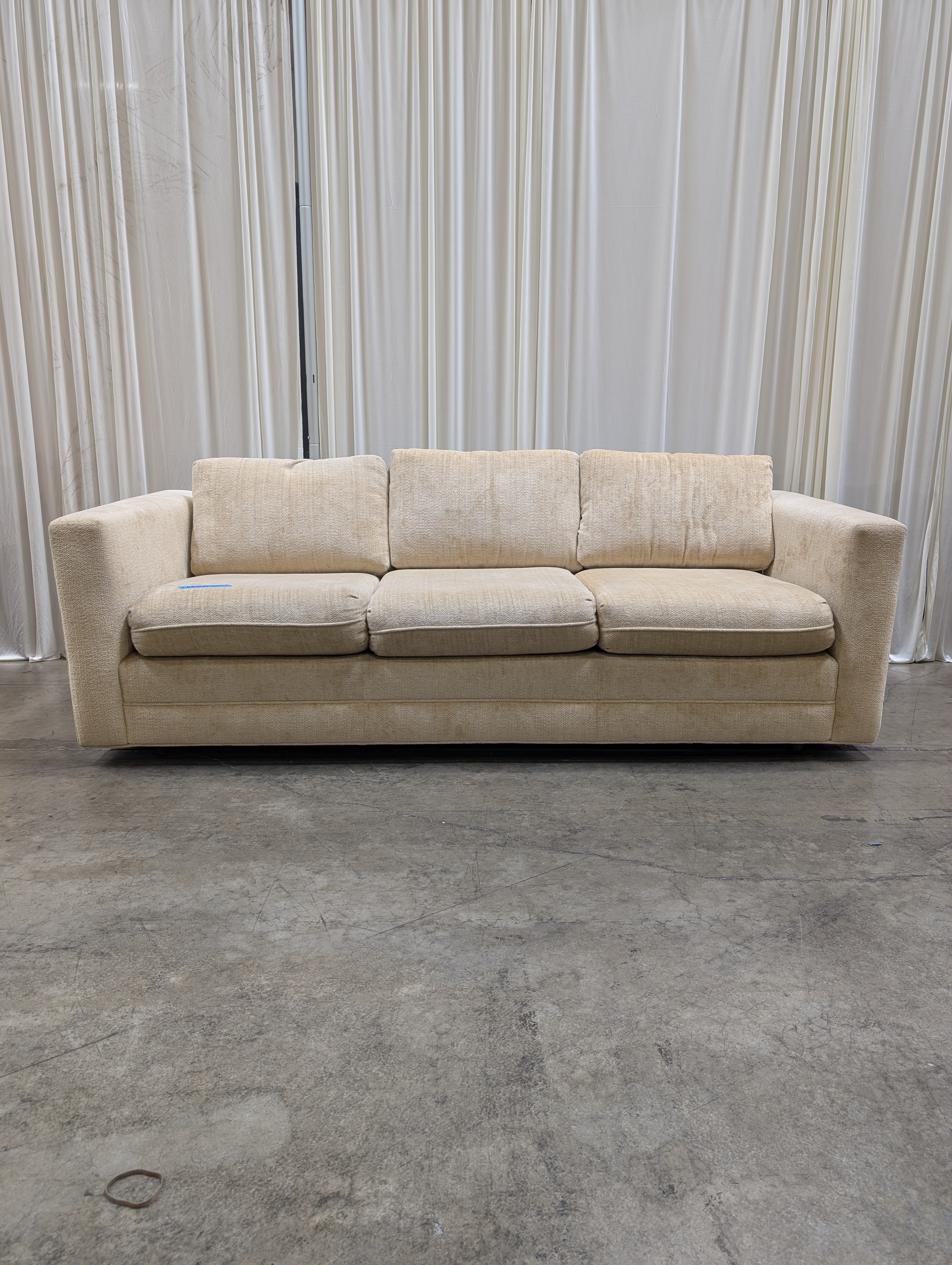 Cream Textured Fabric Couch with Track Arms