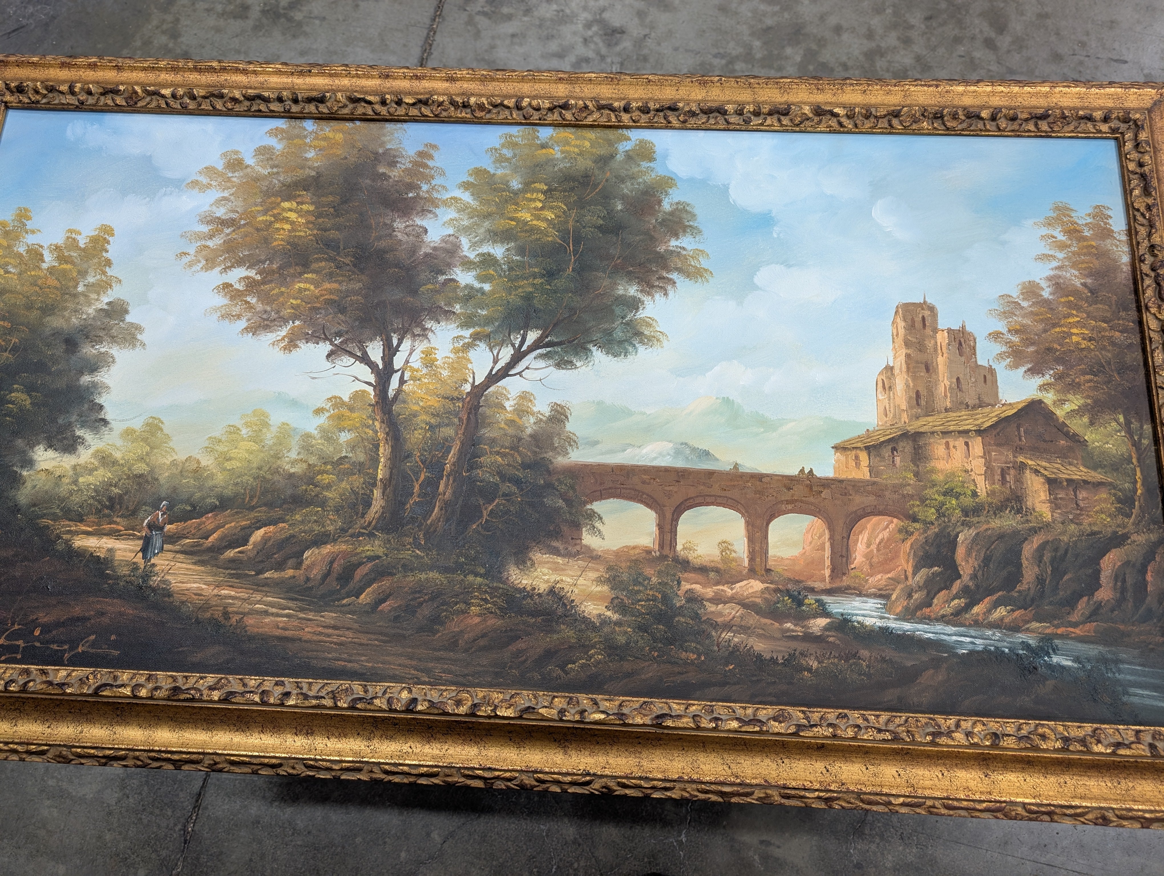 Large Ornate Gilded Frame Scenic Landscape Painting
