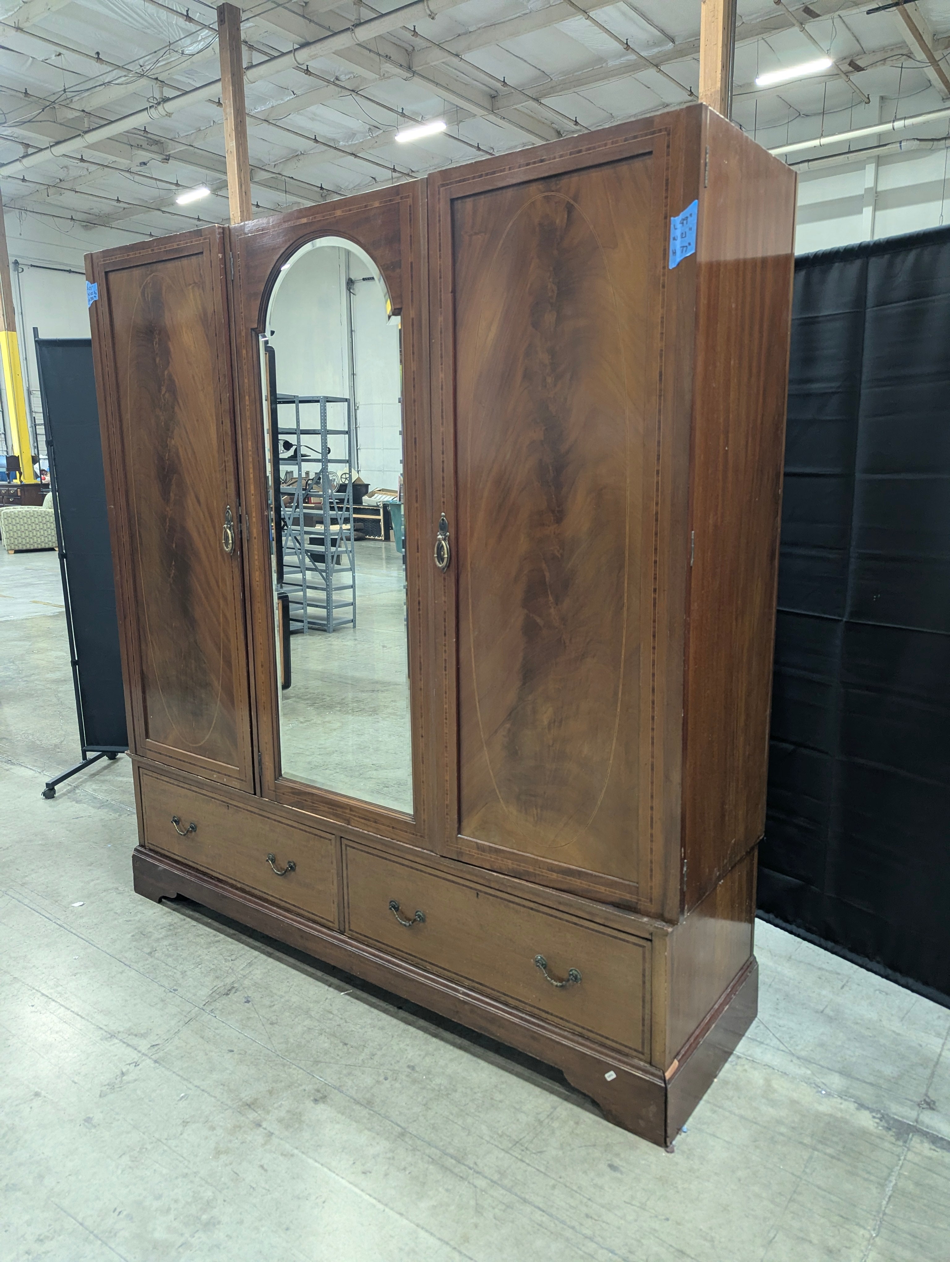 Vintage Three-Door Mirrored Wardrobe with Inlay Details