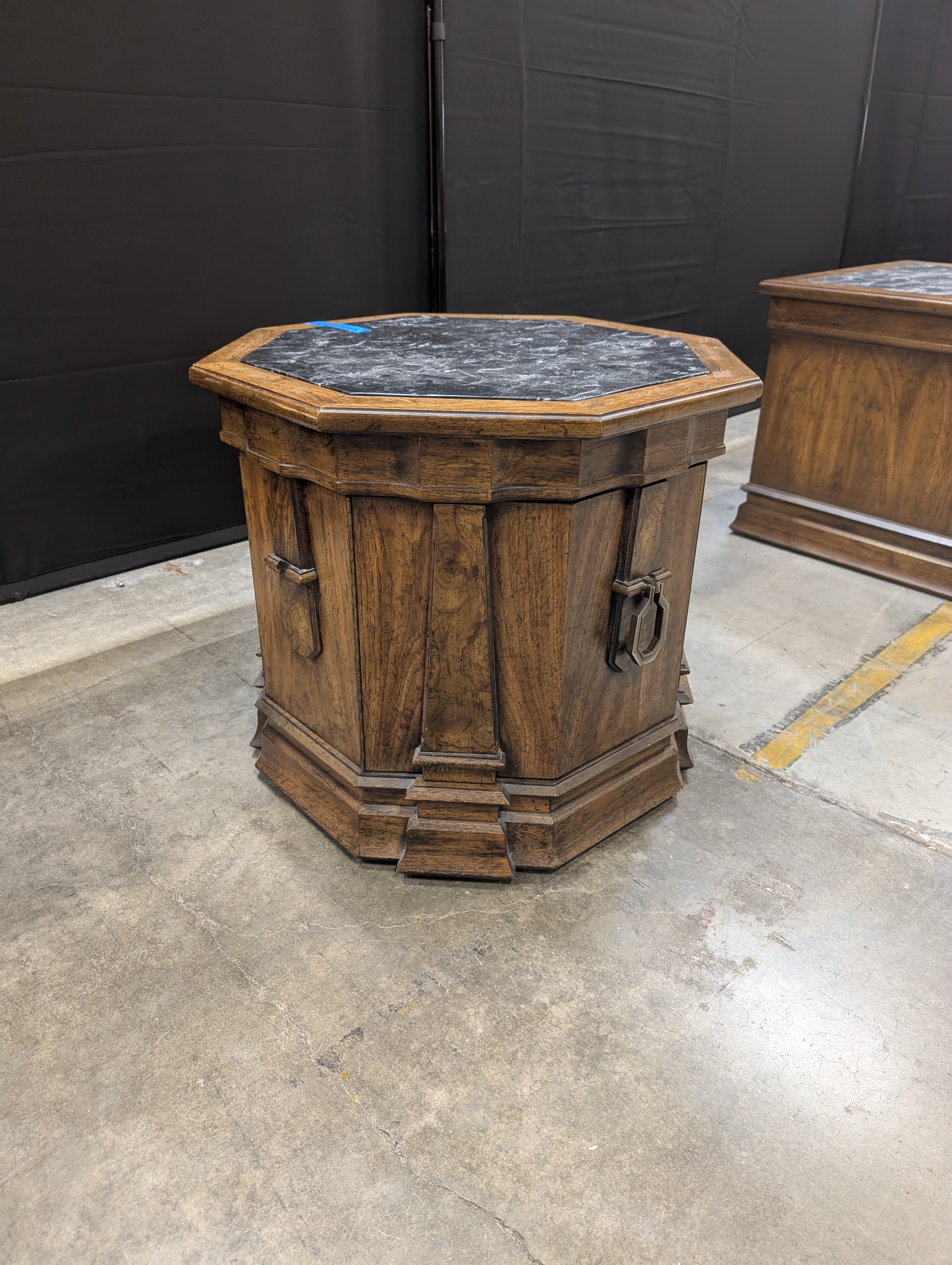 Octagonal Dark Wood End Table with Black Textured Top