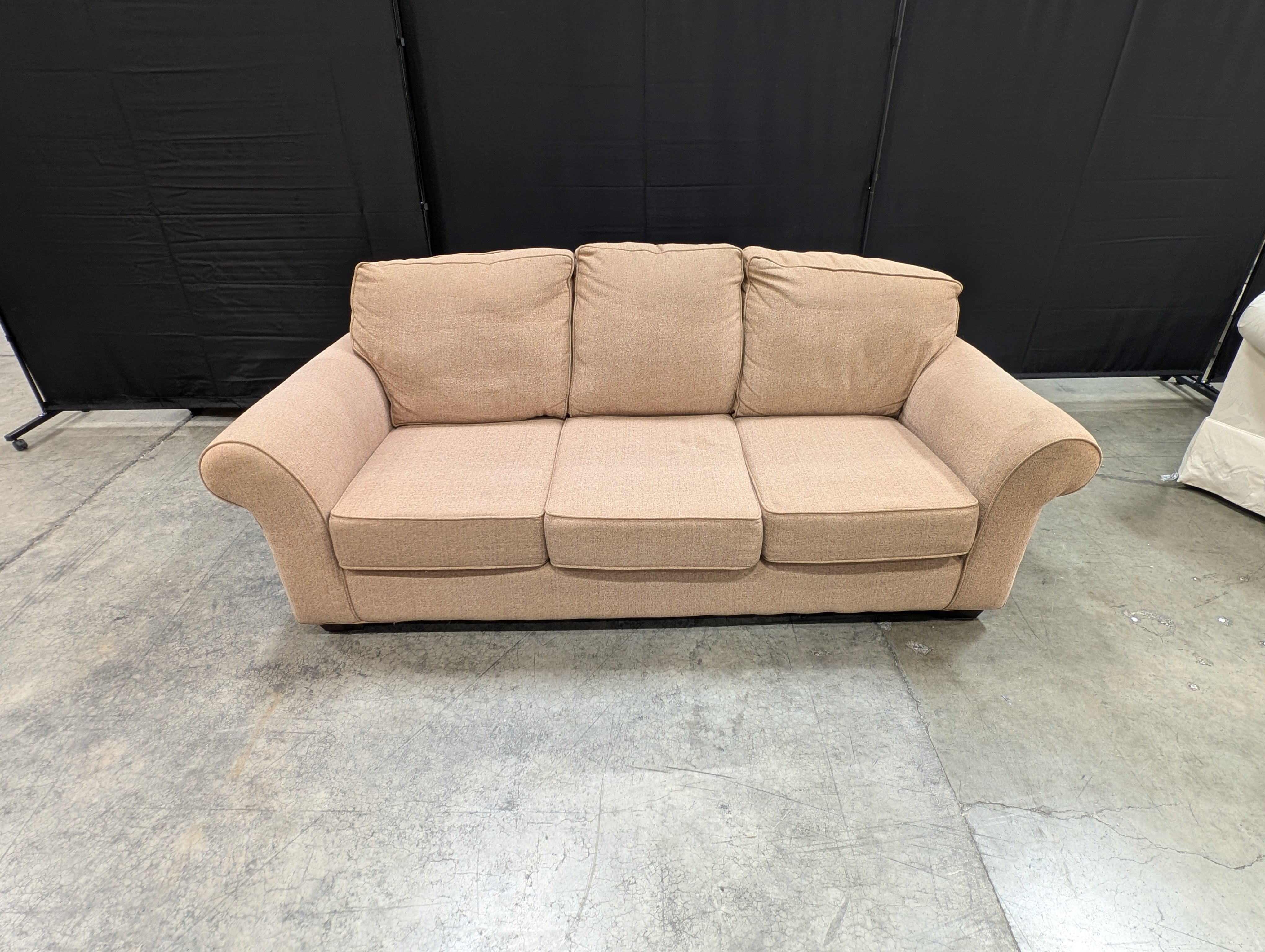 Neutral Beige Thomasville Three-Seat Sofa with Rolled Arms