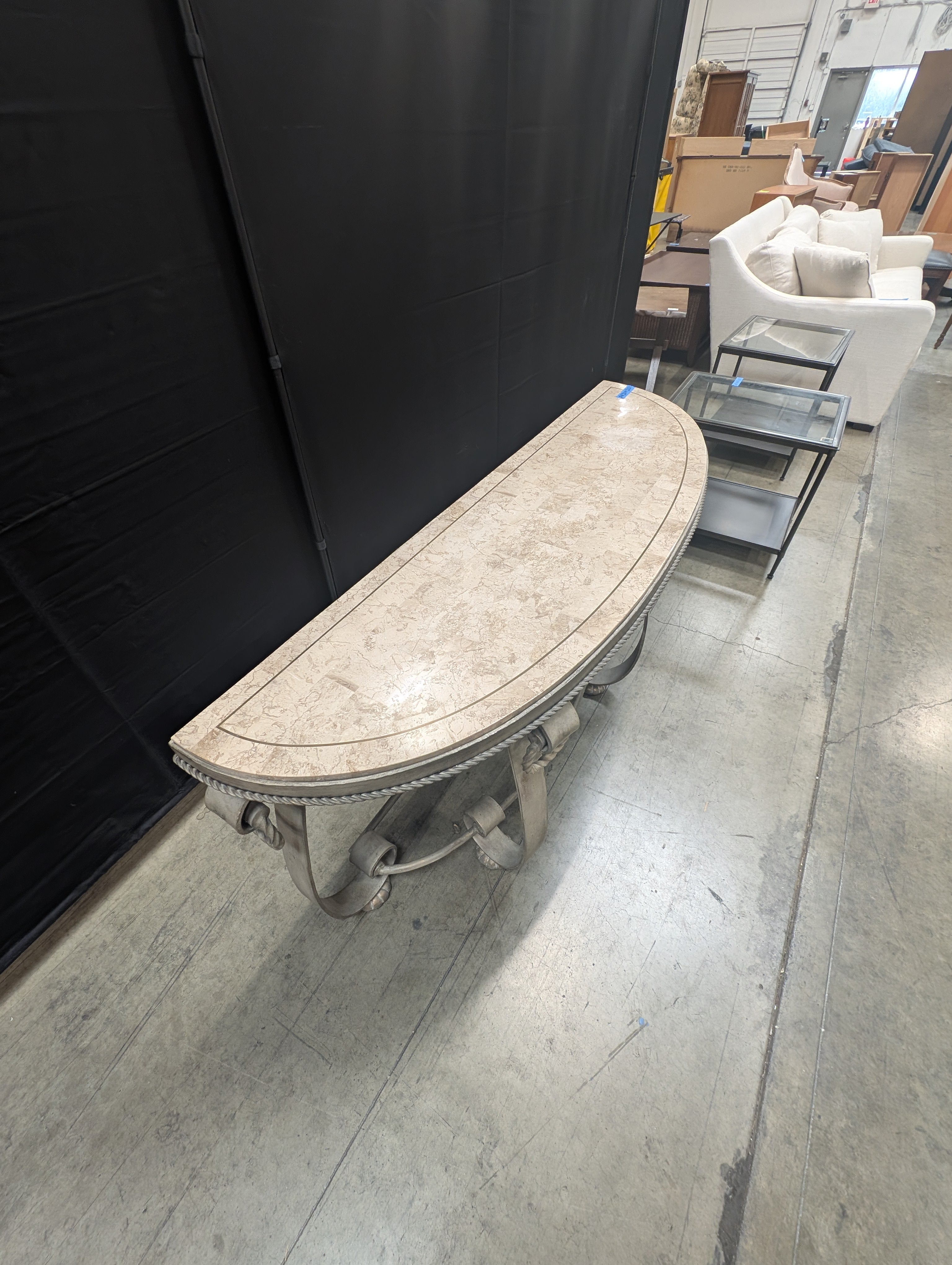 Demilune Console Table with Faux Stone Top and Scrollwork Metal Base