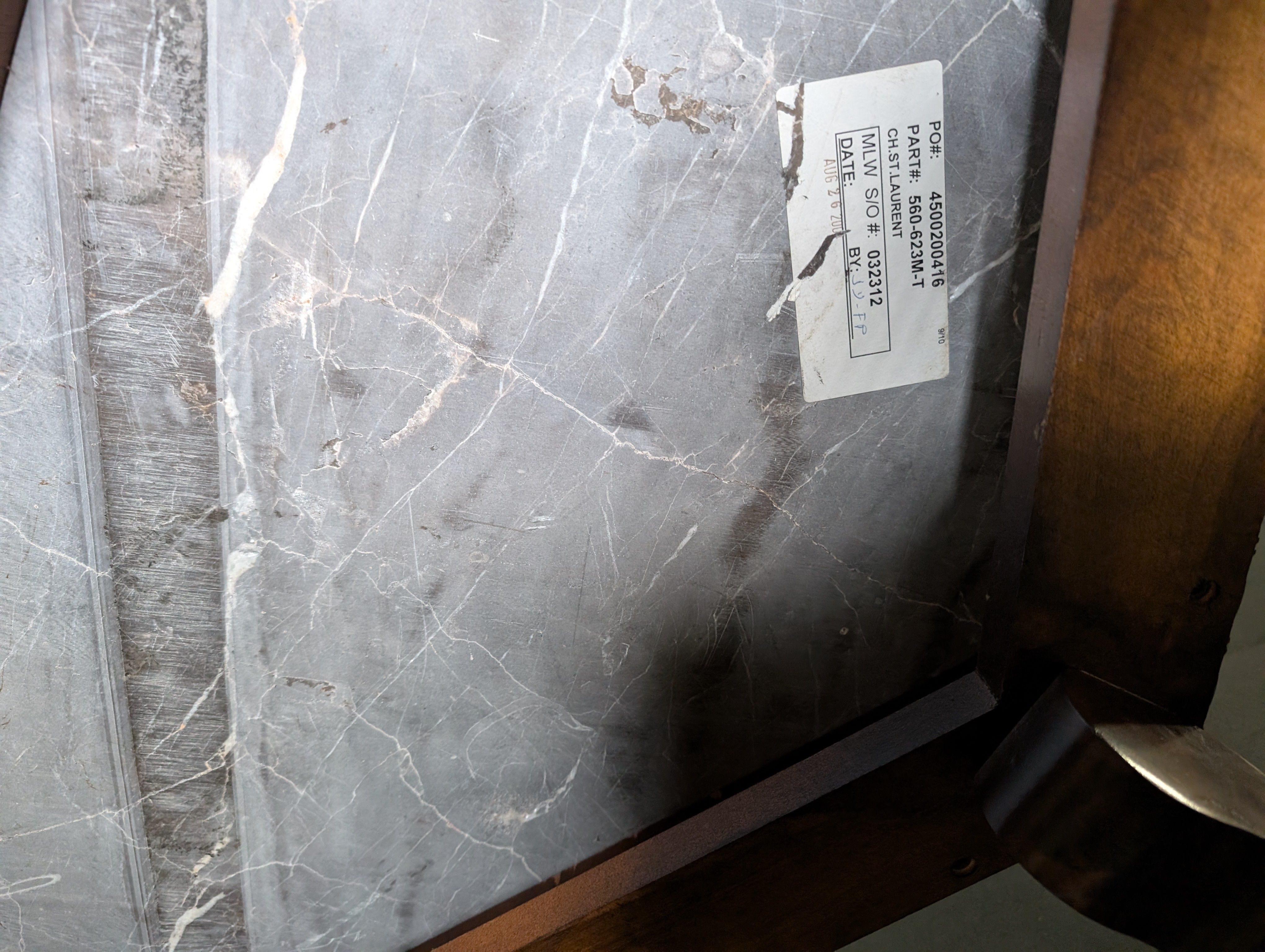 Hexagonal Dark Marble Top Accent Table with Carved Wood Pedestal Base