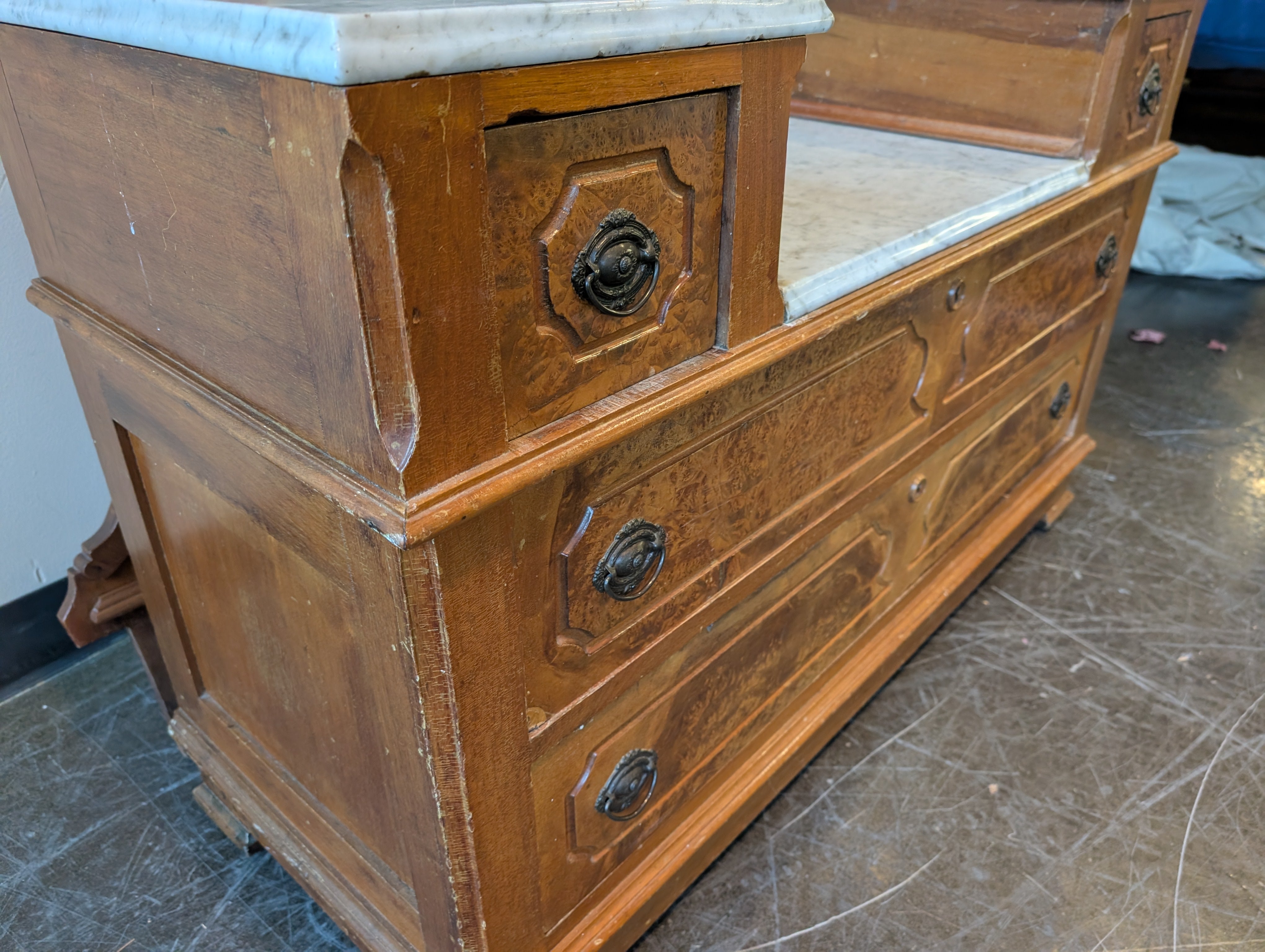Antique Wood Five-Drawer Dresser with Marble Tops
