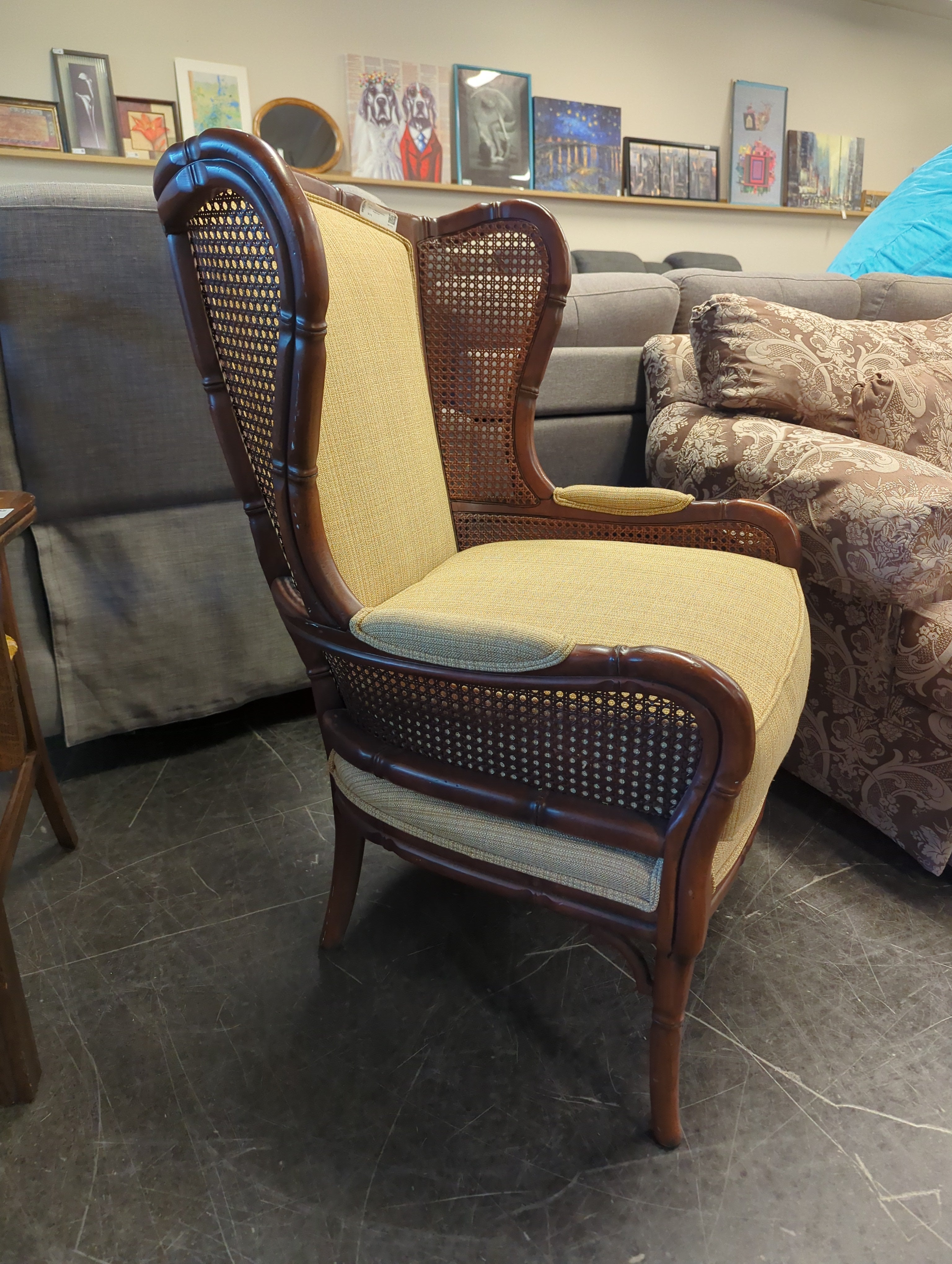 Ethan Allen Wicker and Bamboo Winged Chair in Great Condition