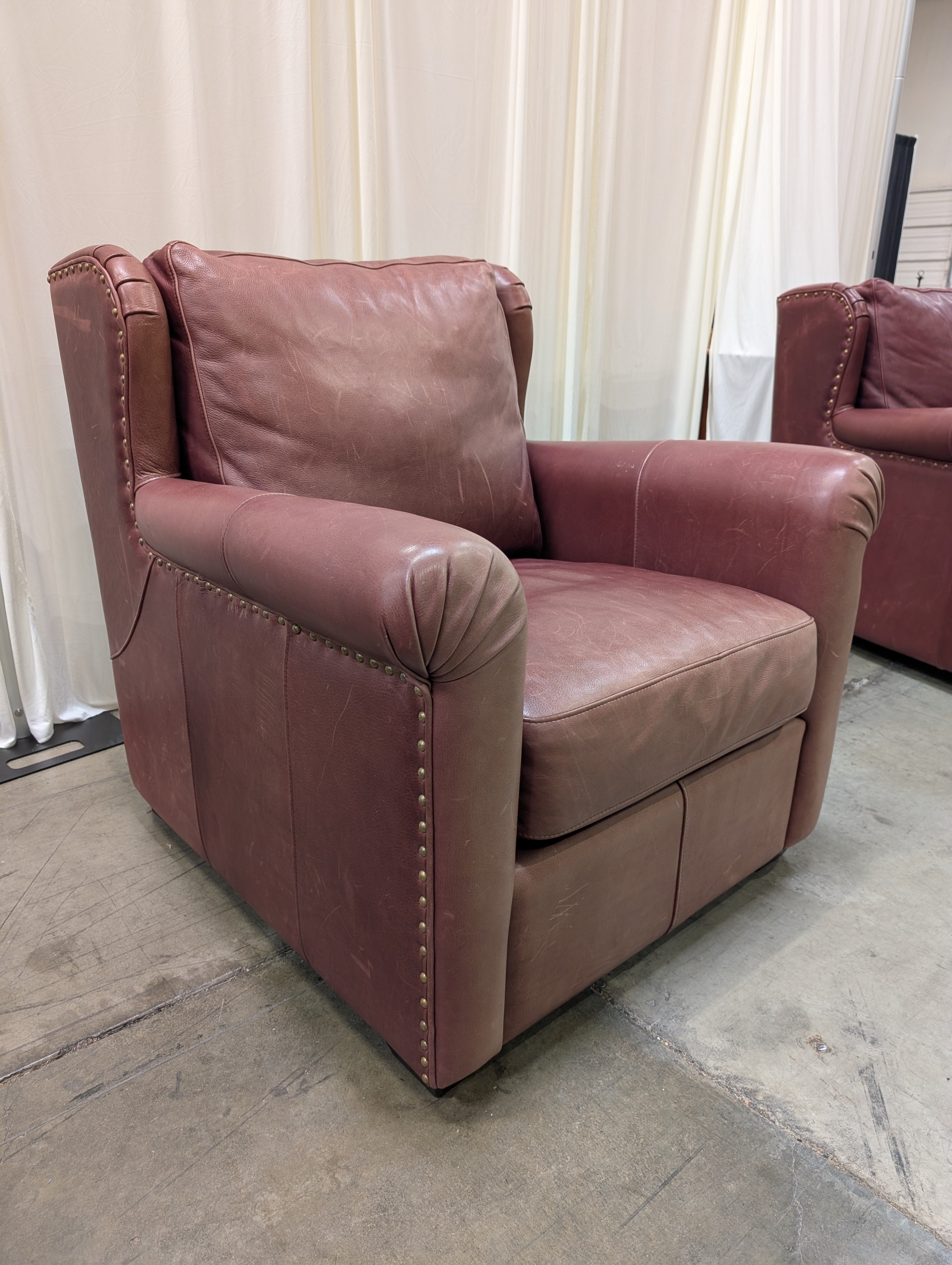 Burgundy Legacy Leather Wingback Armchair with Nailhead Trim