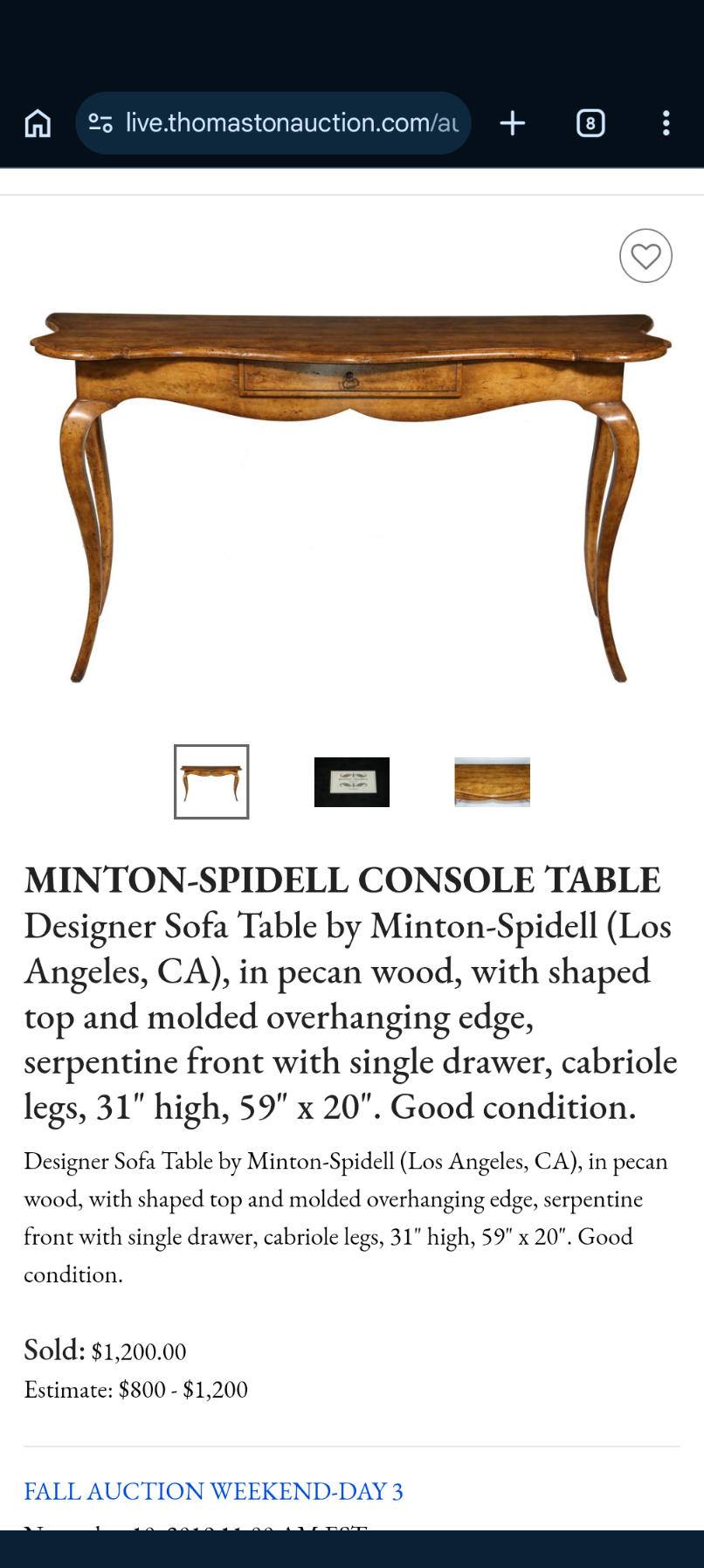Distressed Wood Minton-Spidell Console Table with Cabriole Legs and Single Drawer