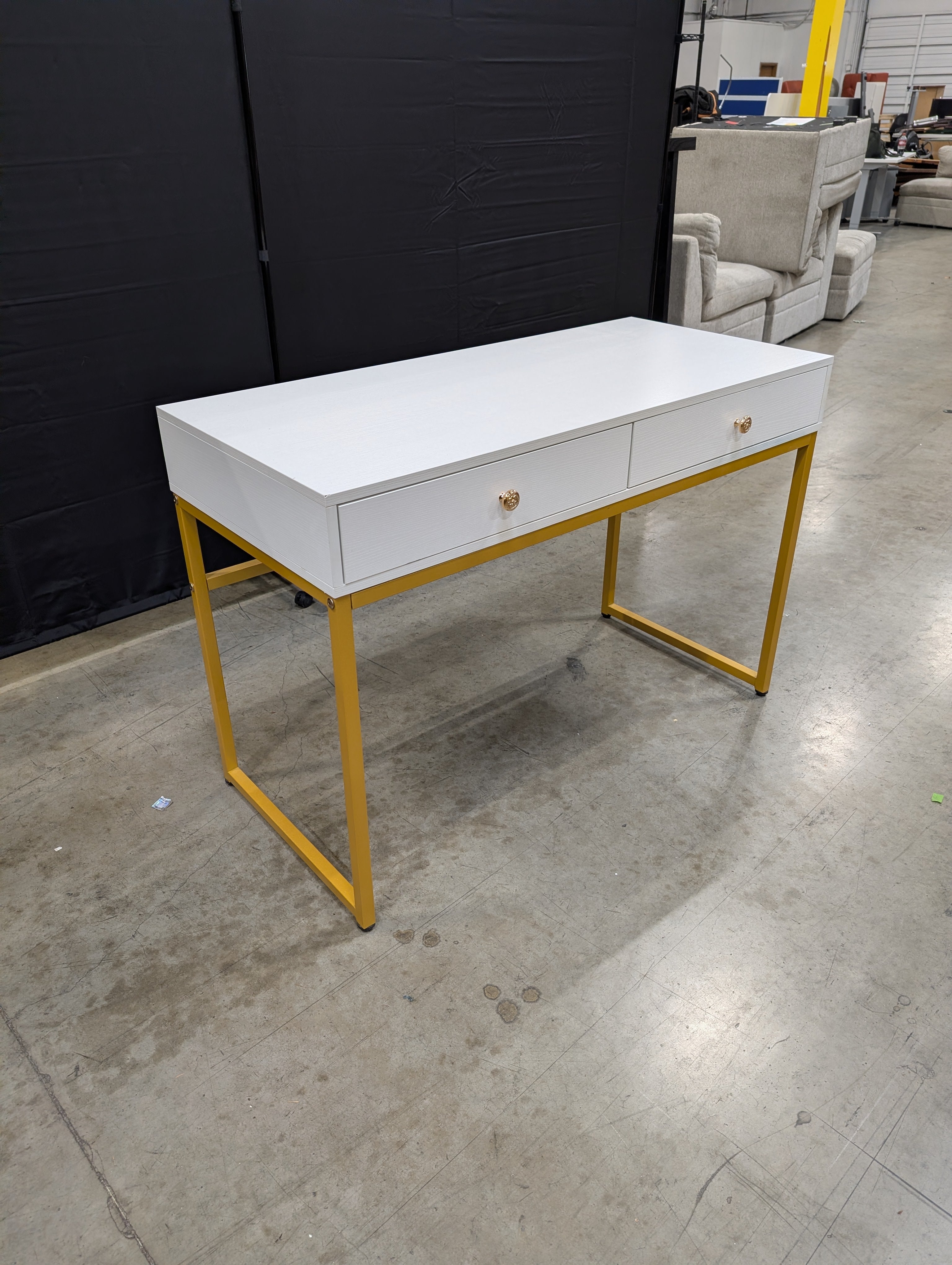 Modern Grey Wood Grain Desk with Gold Tone Metal Frame