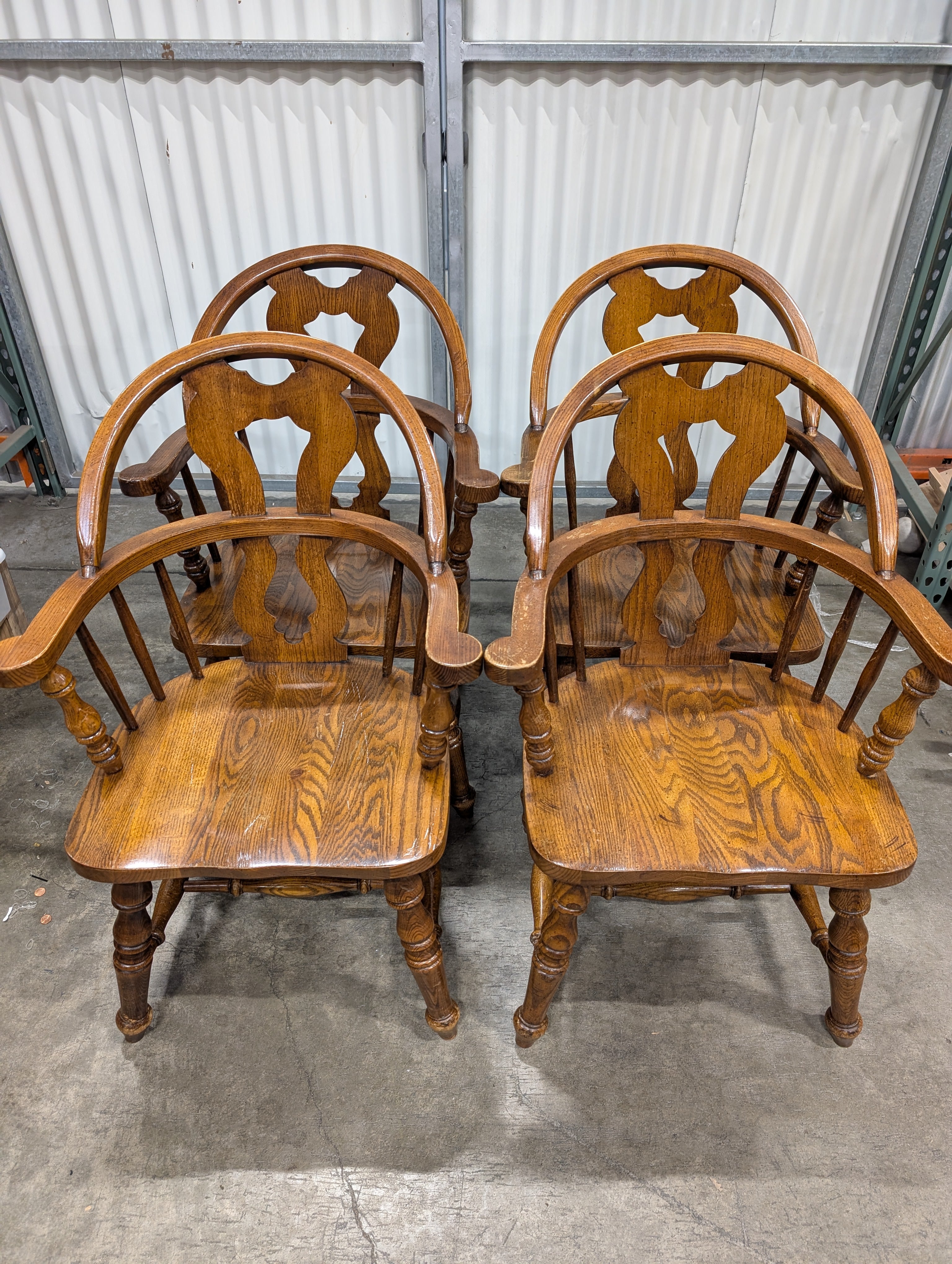 Set of Four- Classic Oak Finish Spindle Back Captain's Chair