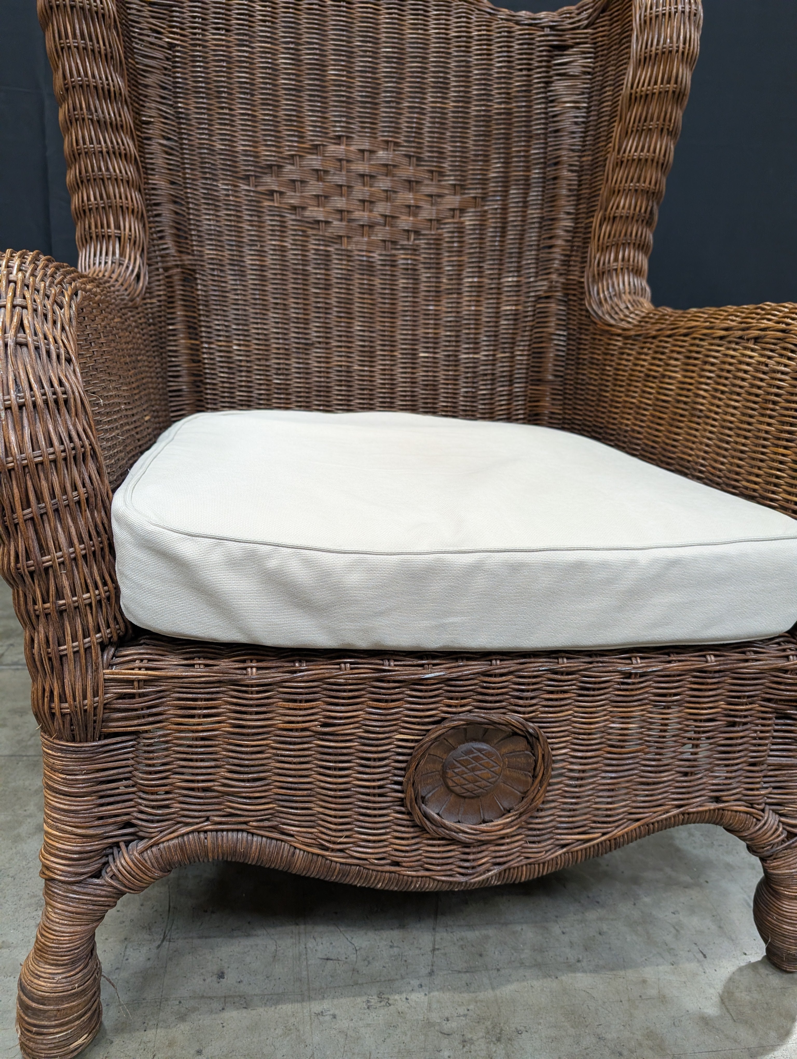 Vintage Wicker High-Back Armchair with Sunflower
