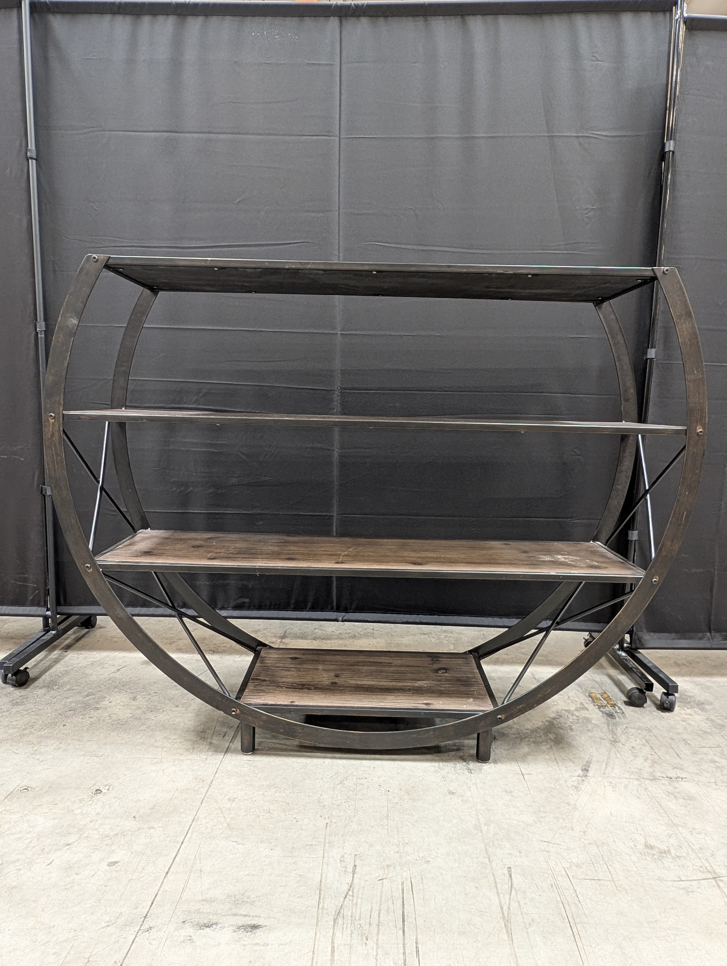 Industrial Half-Moon Display Shelf with Wood Tiers