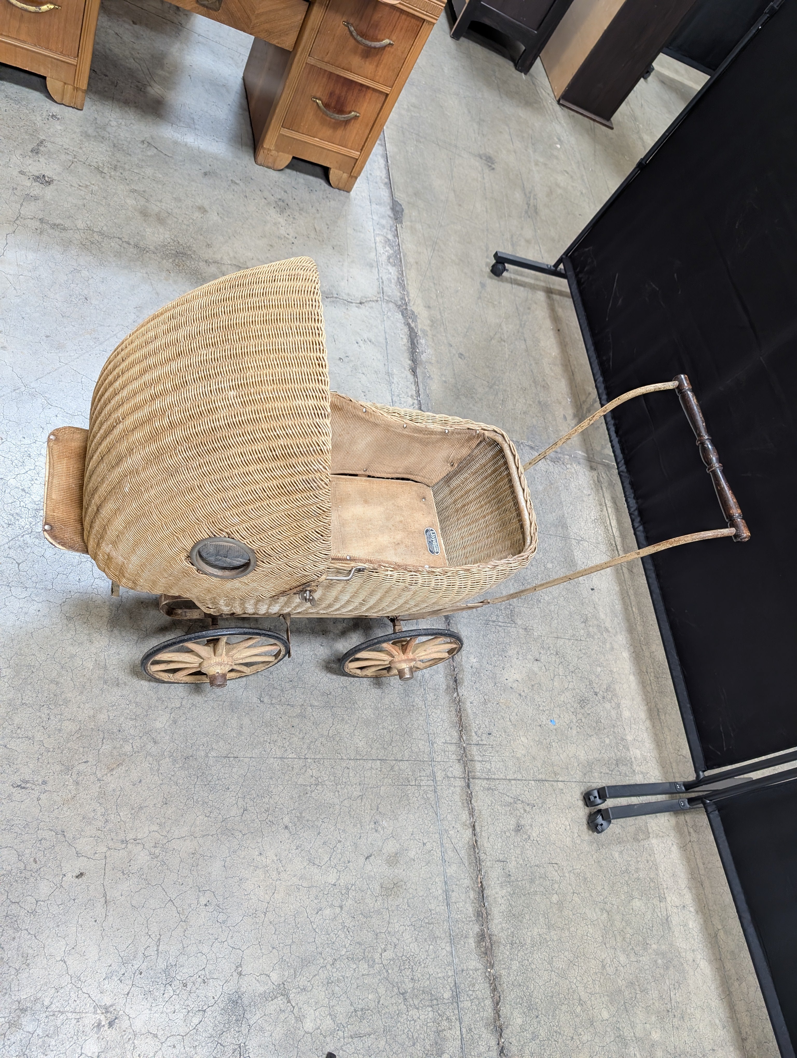Vintage Lloyd Loom Baby Carriage with Glass Porthole Window