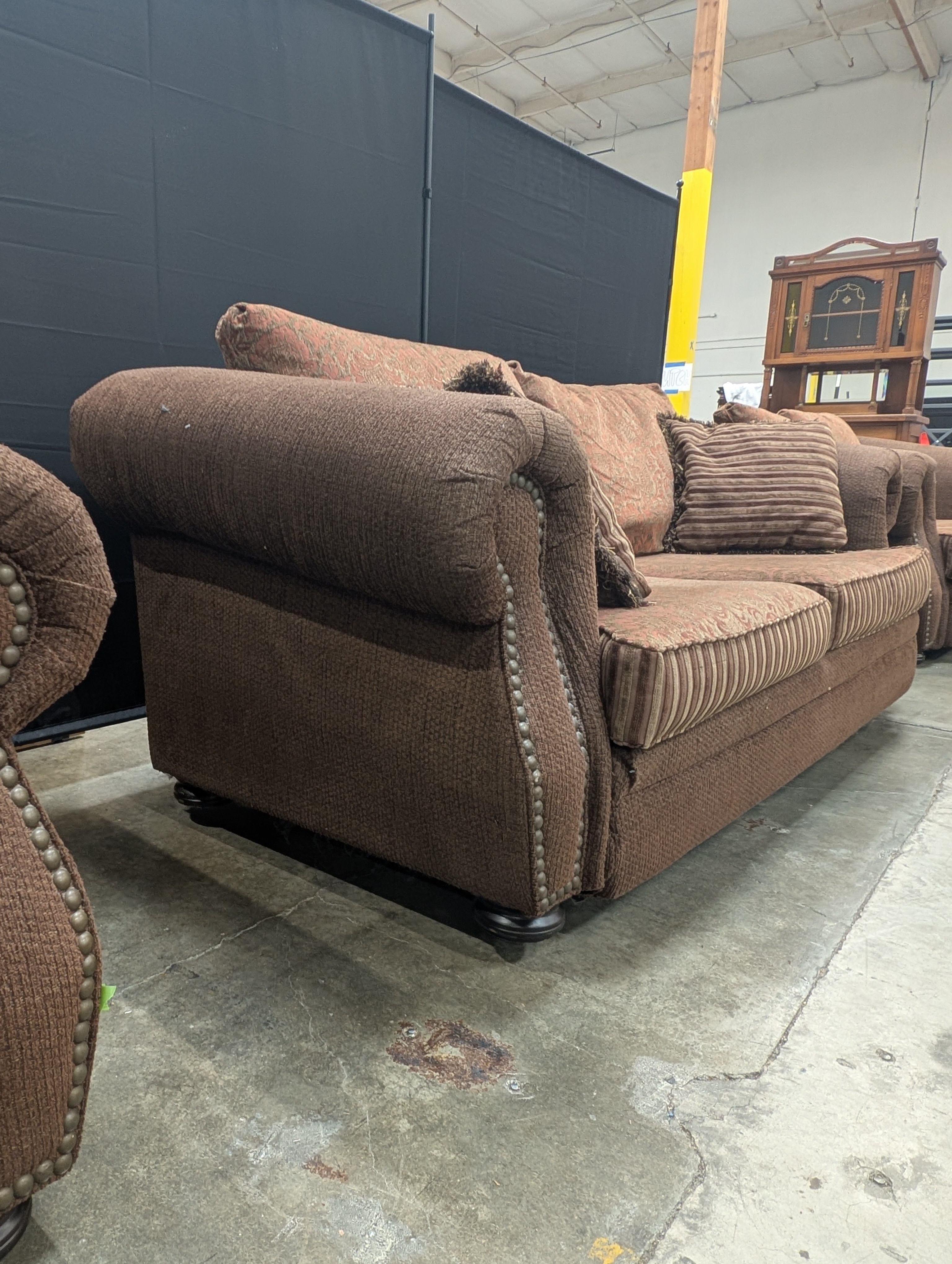 Traditional Brown Fabric Two-Seater Sofa with Nailhead Trim
