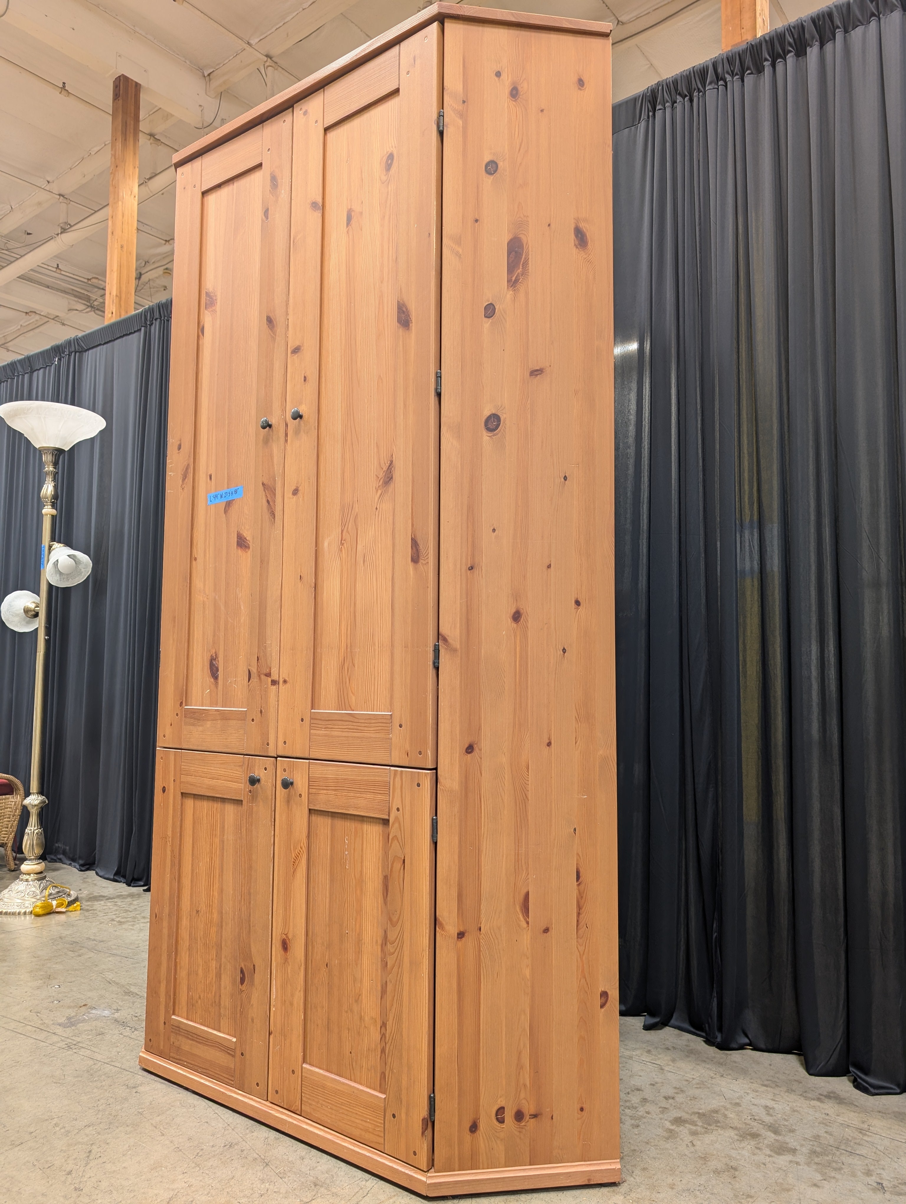 Rustic Pine Corner Armoire with Paneled Doors