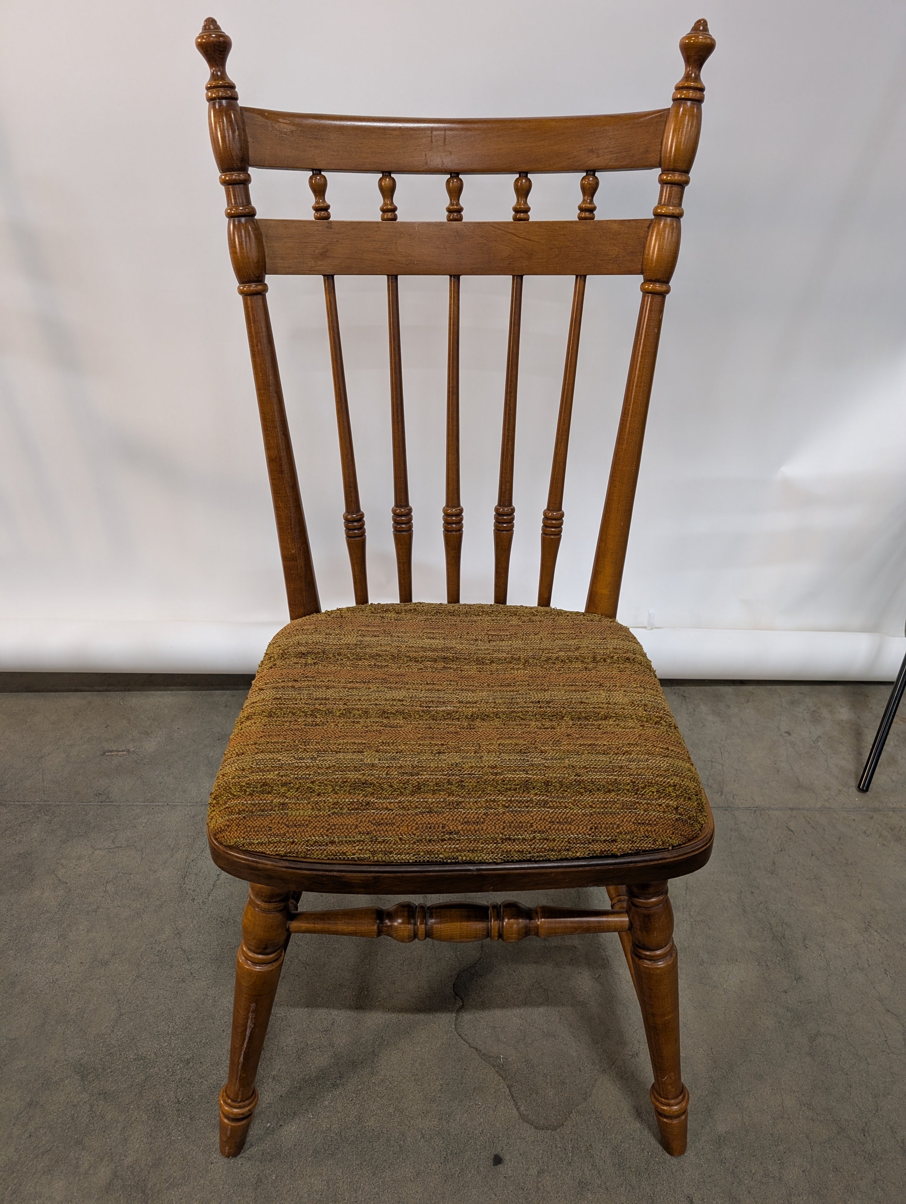 Classic Wood Spindle Back Chair with Patterned Fabric Seat