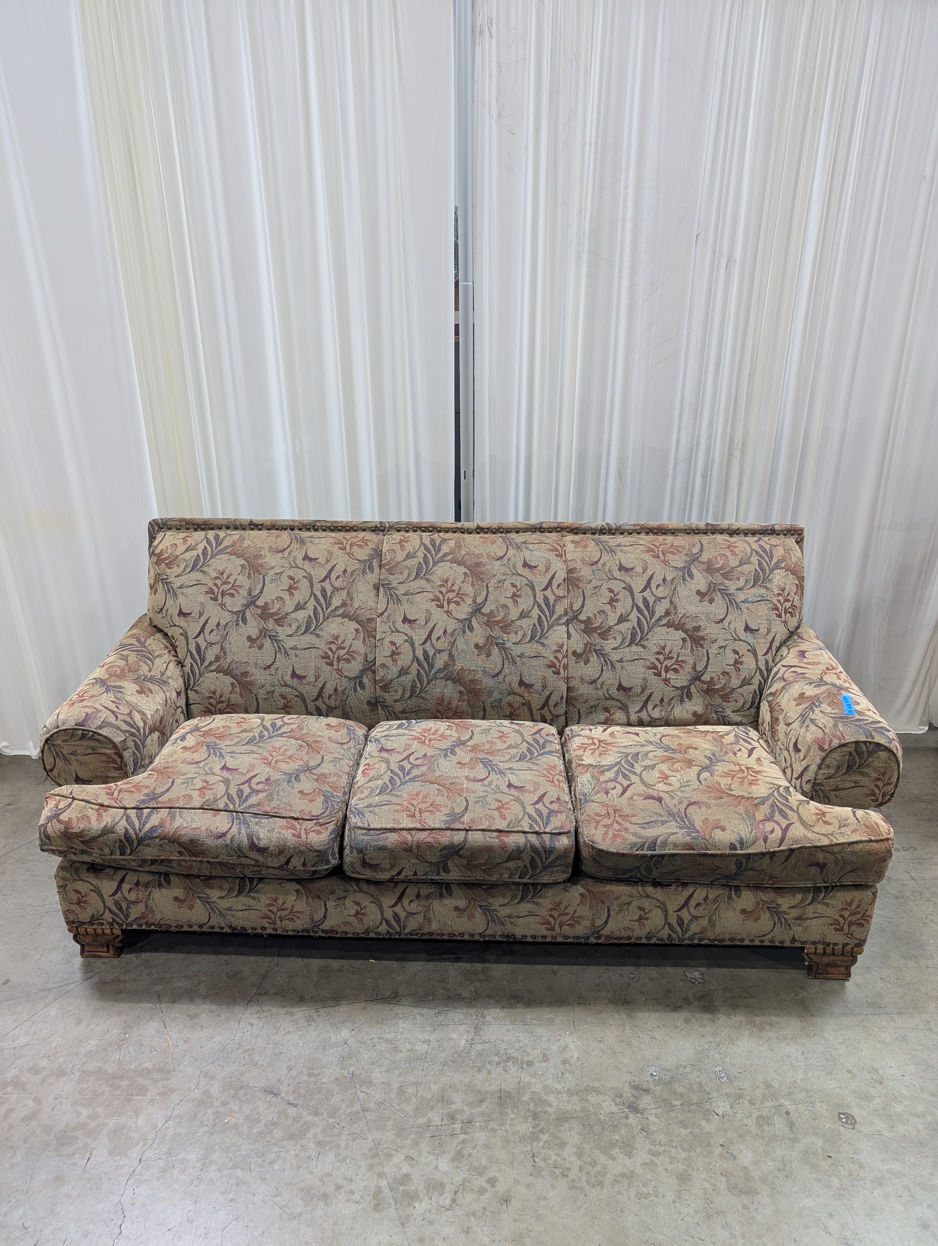 Traditional Patterned Fabric Rolled Arm Couch with Nailhead Trim