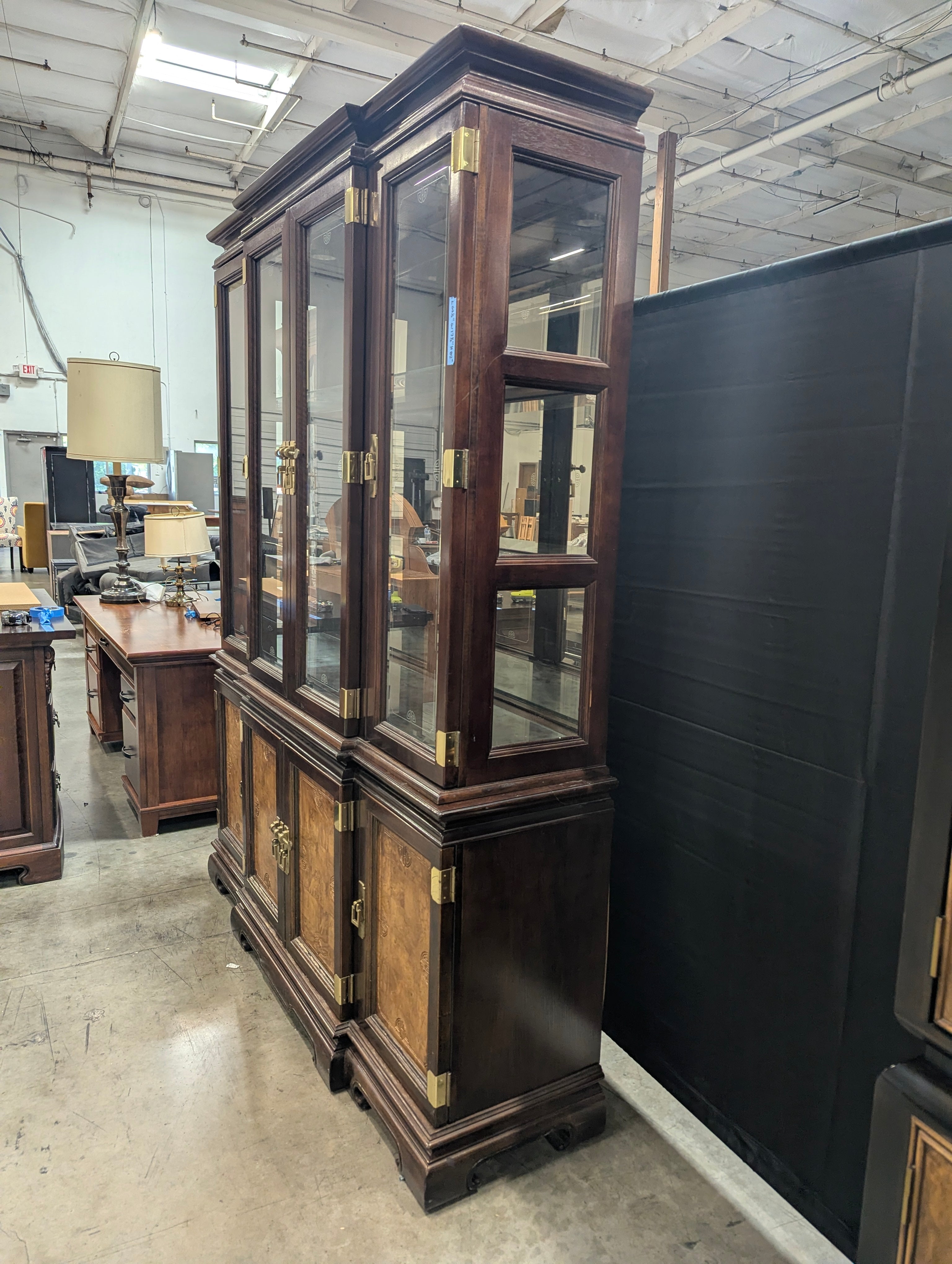 Dark Wood Glass Display Cabinet with Burl Wood Panels
