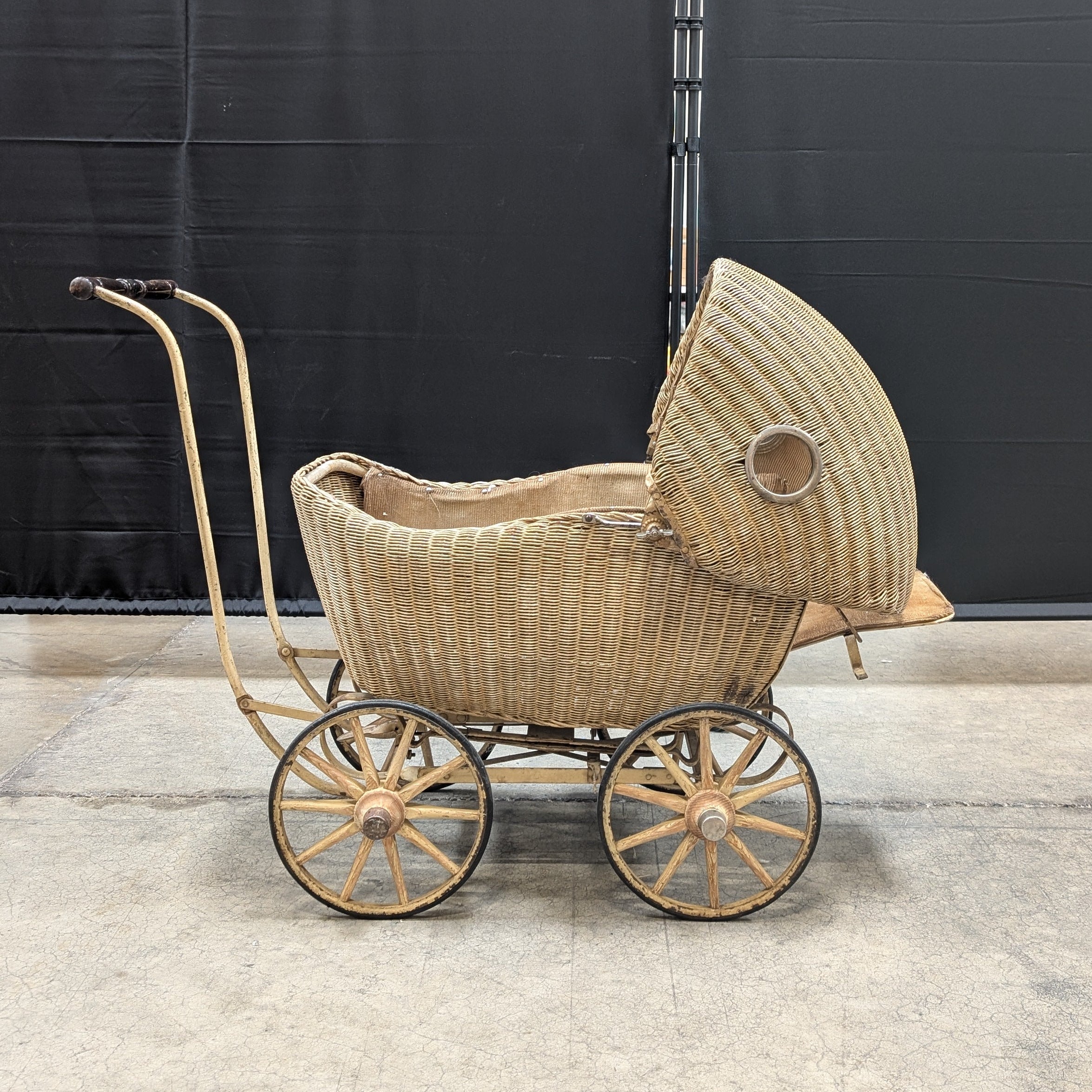 Vintage Lloyd Loom Baby Carriage with Glass Porthole Window