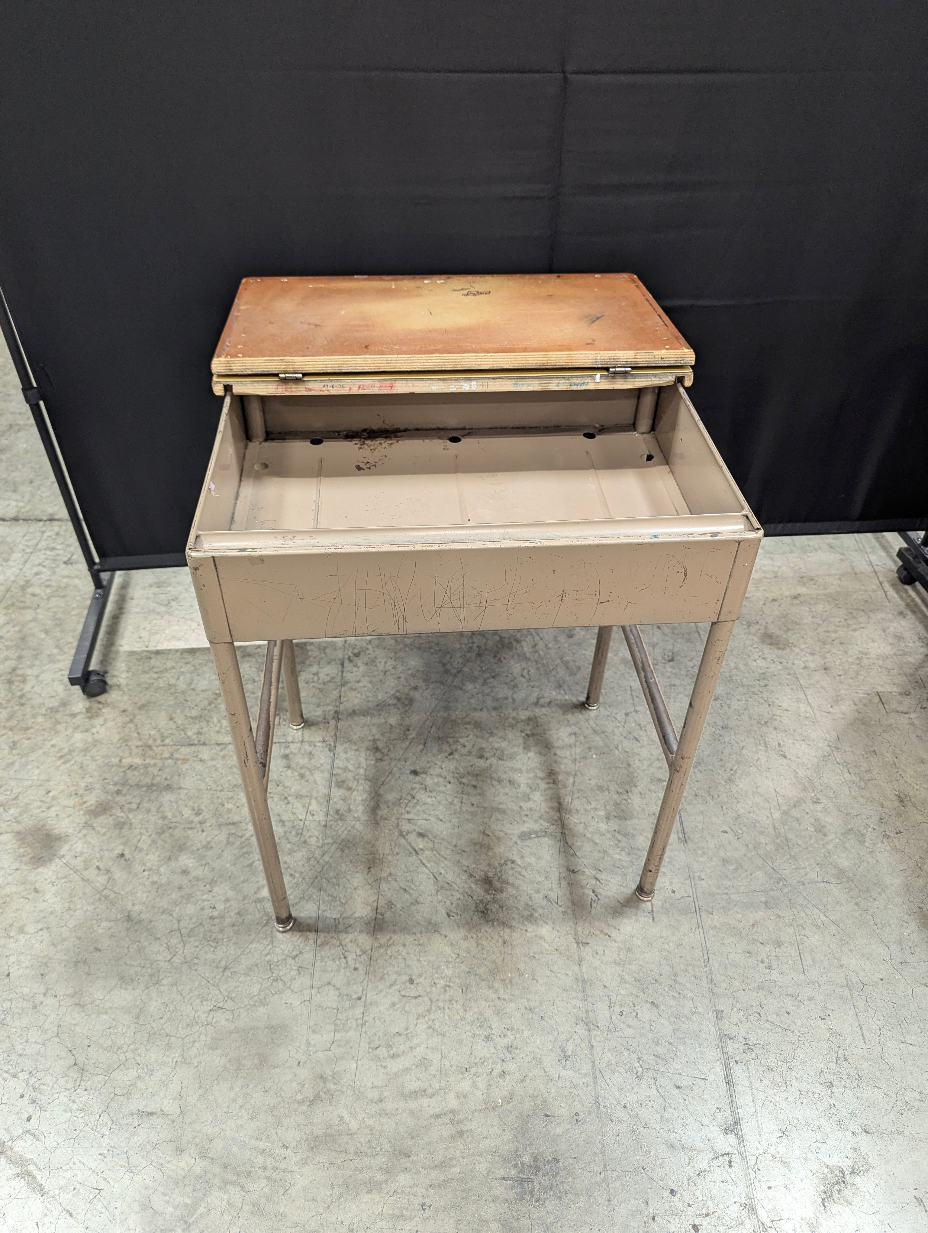 Vintage Light Wood Lift-Top School Desk with Metal Frame