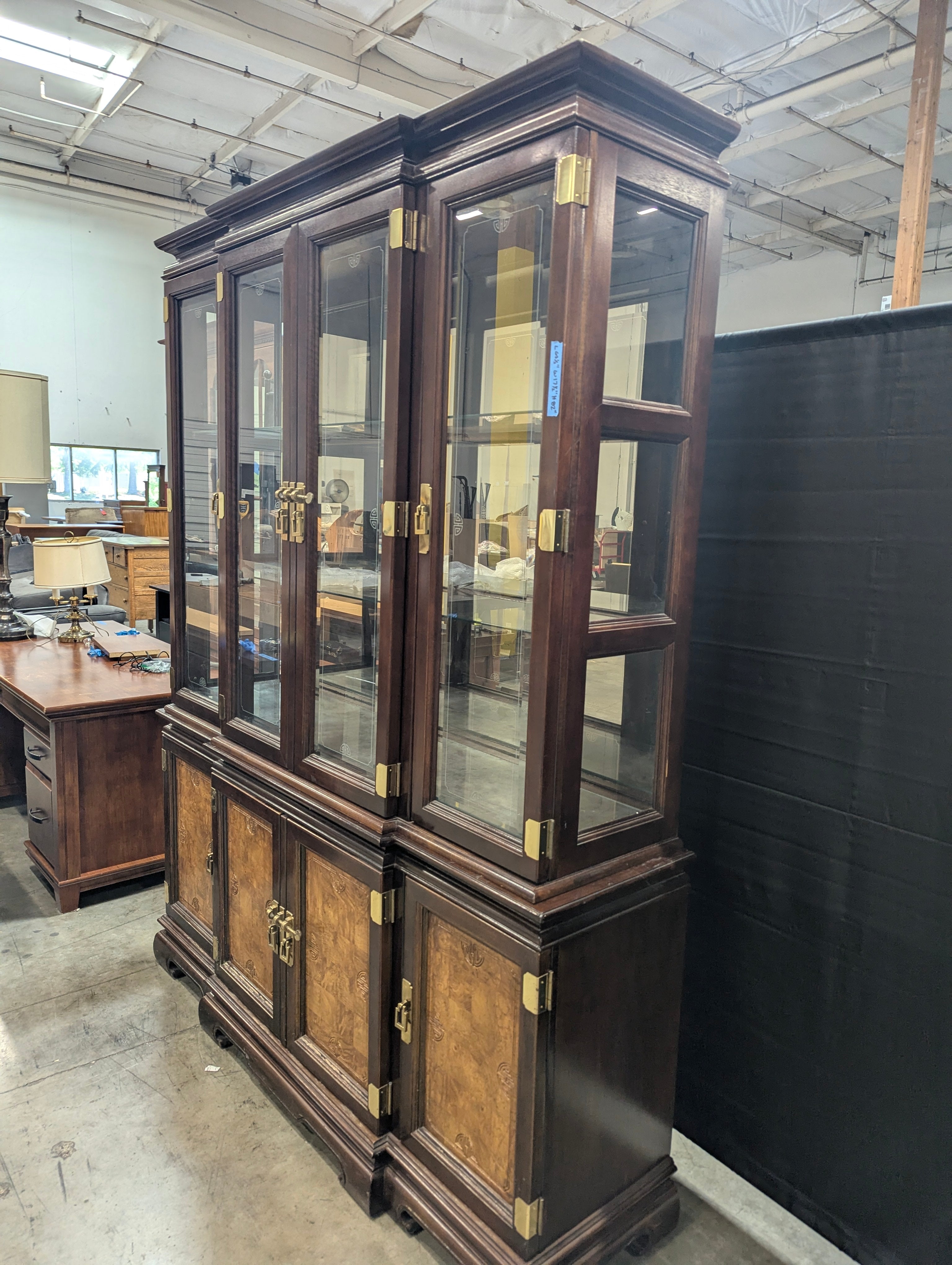 Dark Wood Glass Display Cabinet with Burl Wood Panels