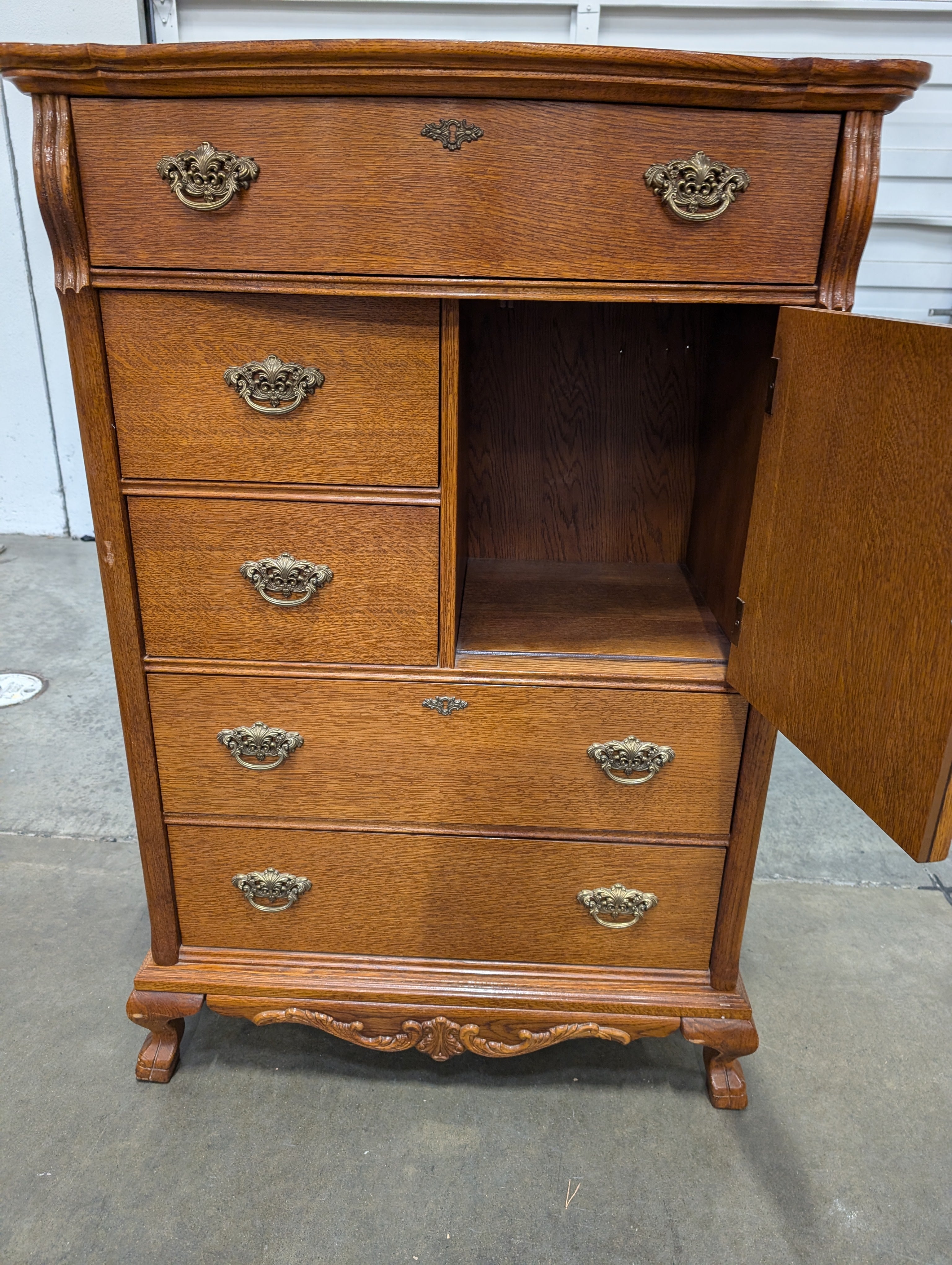 Vintage Oak Chiffonier with Carved Cabinet and Brass Hardware