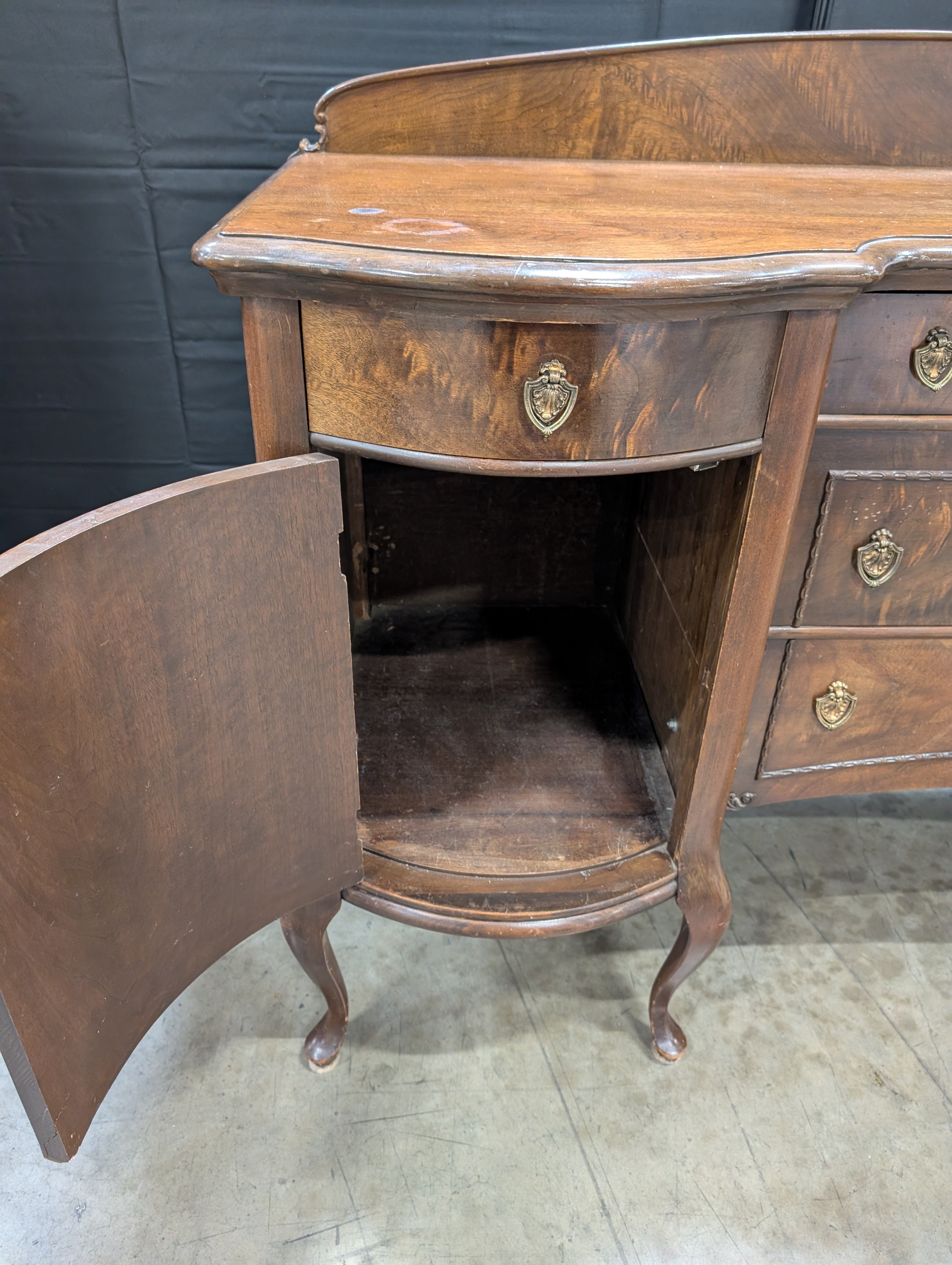 Vintage Dark Wood Sideboard with Curved Front and Cabriole Legs