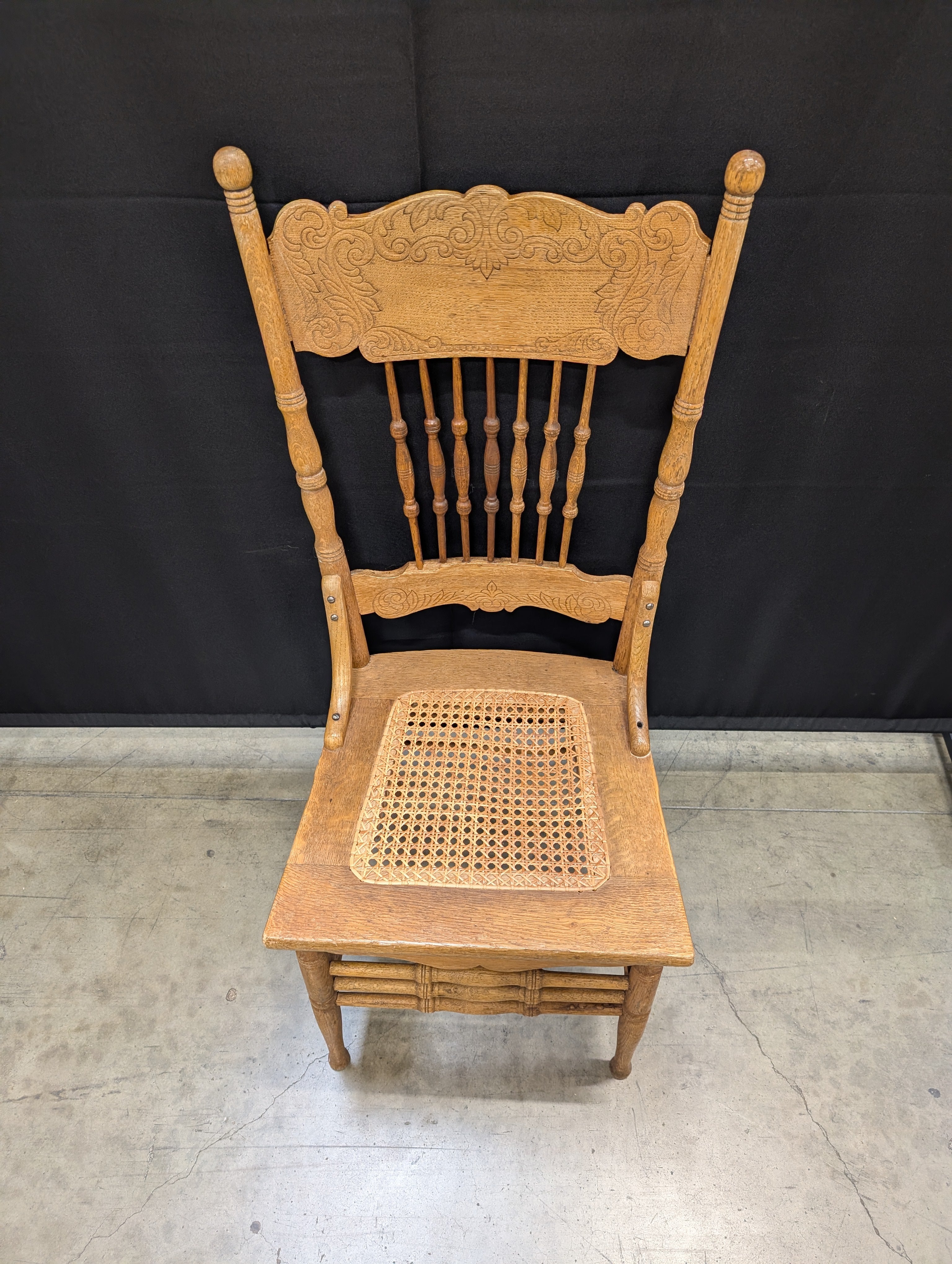 Vintage Carved Wood Spindle Back Cane Seat Chair