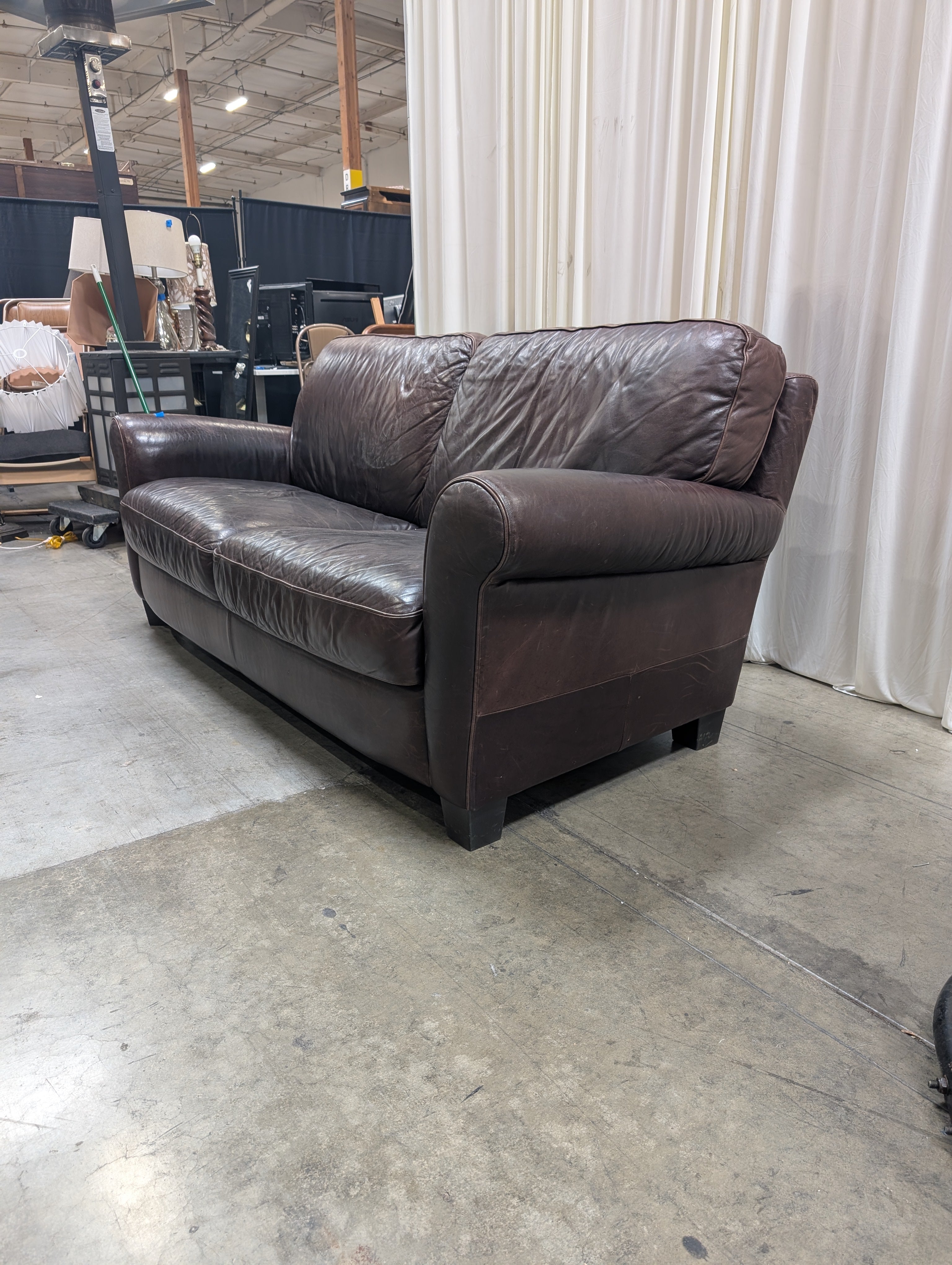 Dark Brown Rolled Arm Couch in Leather