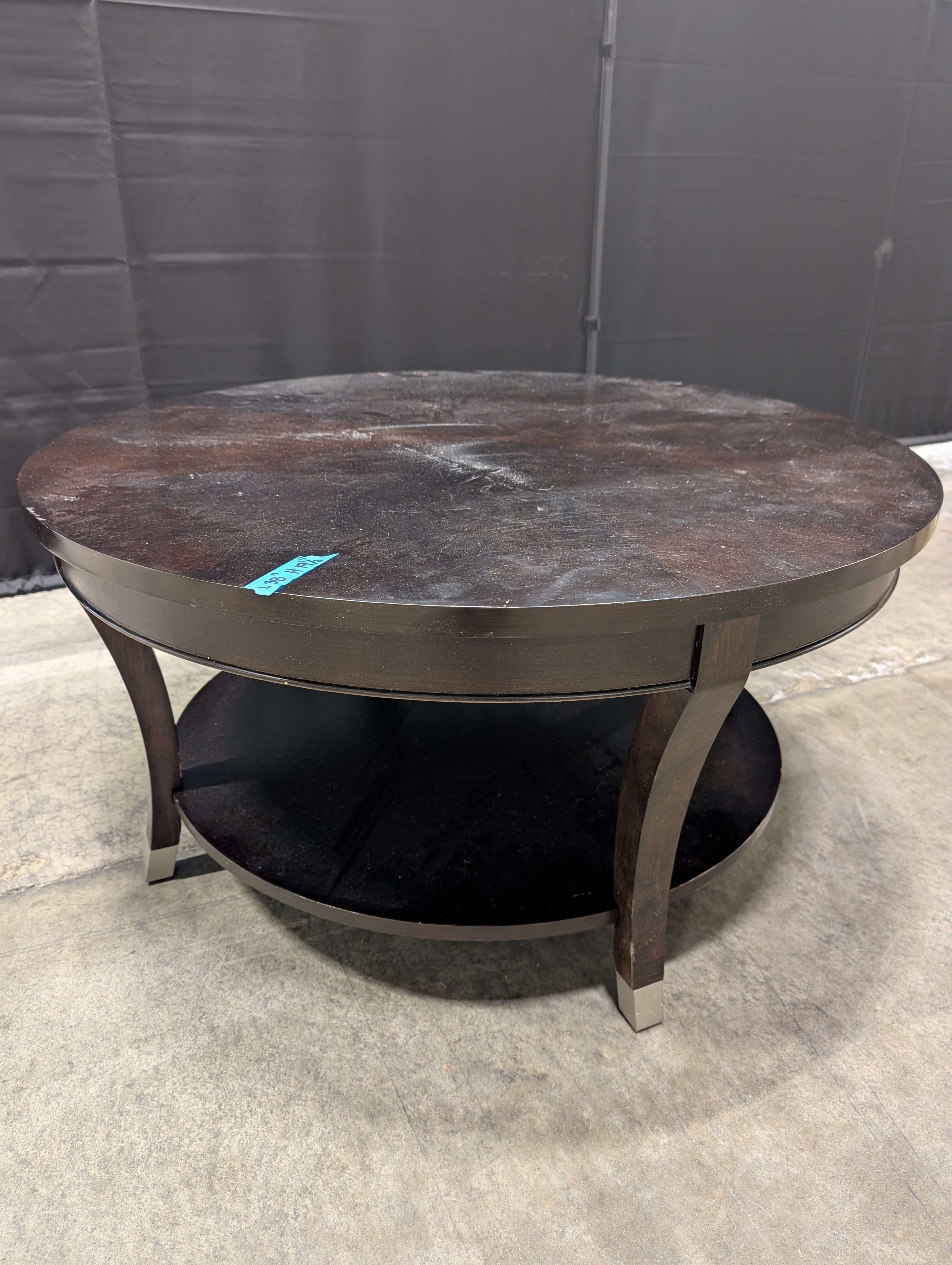 Contemporary Dark Wood Round Coffee Table with Lower Shelf