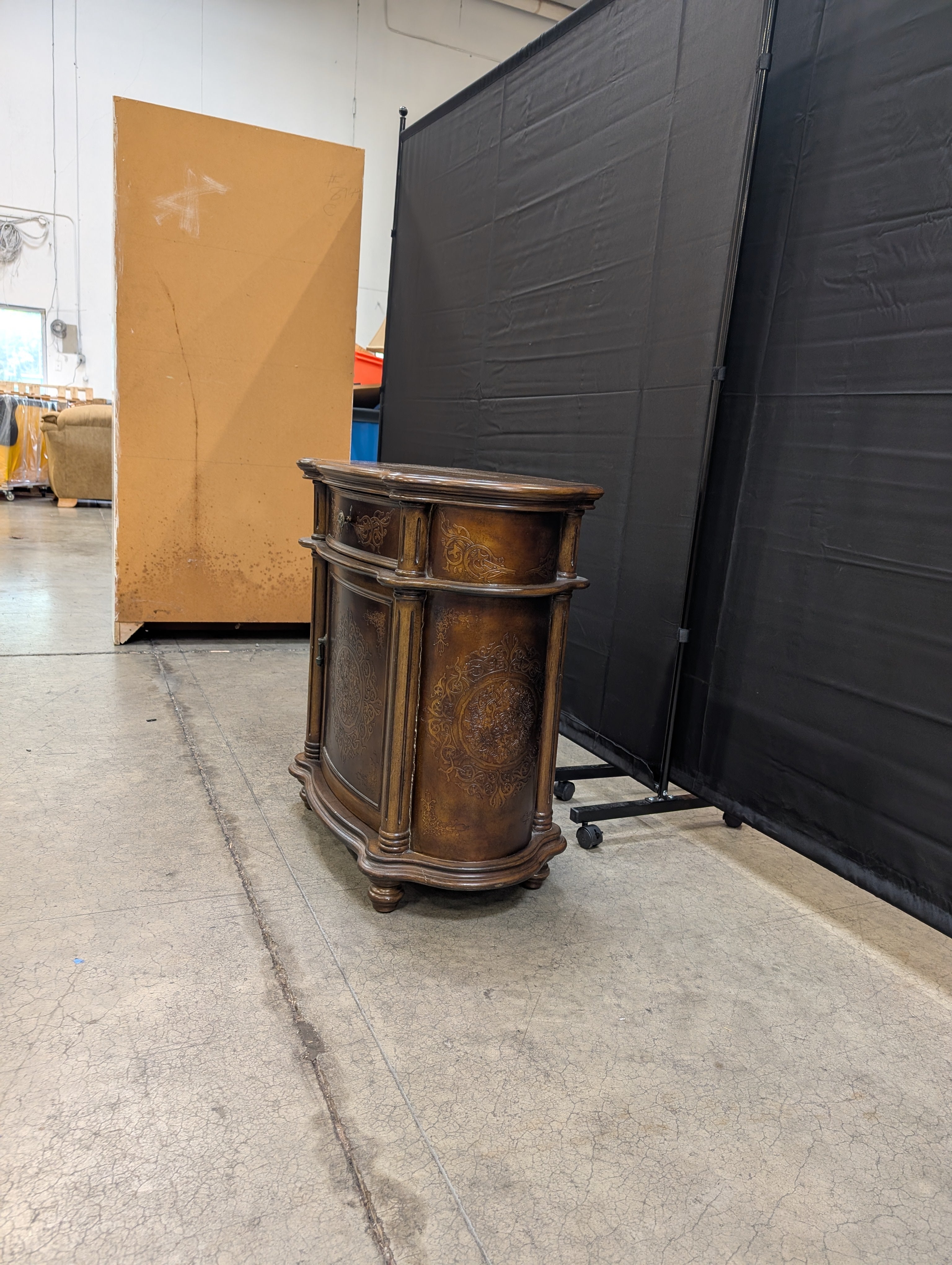 Ornate Dark Wood Accent Cabinet with Drawer
