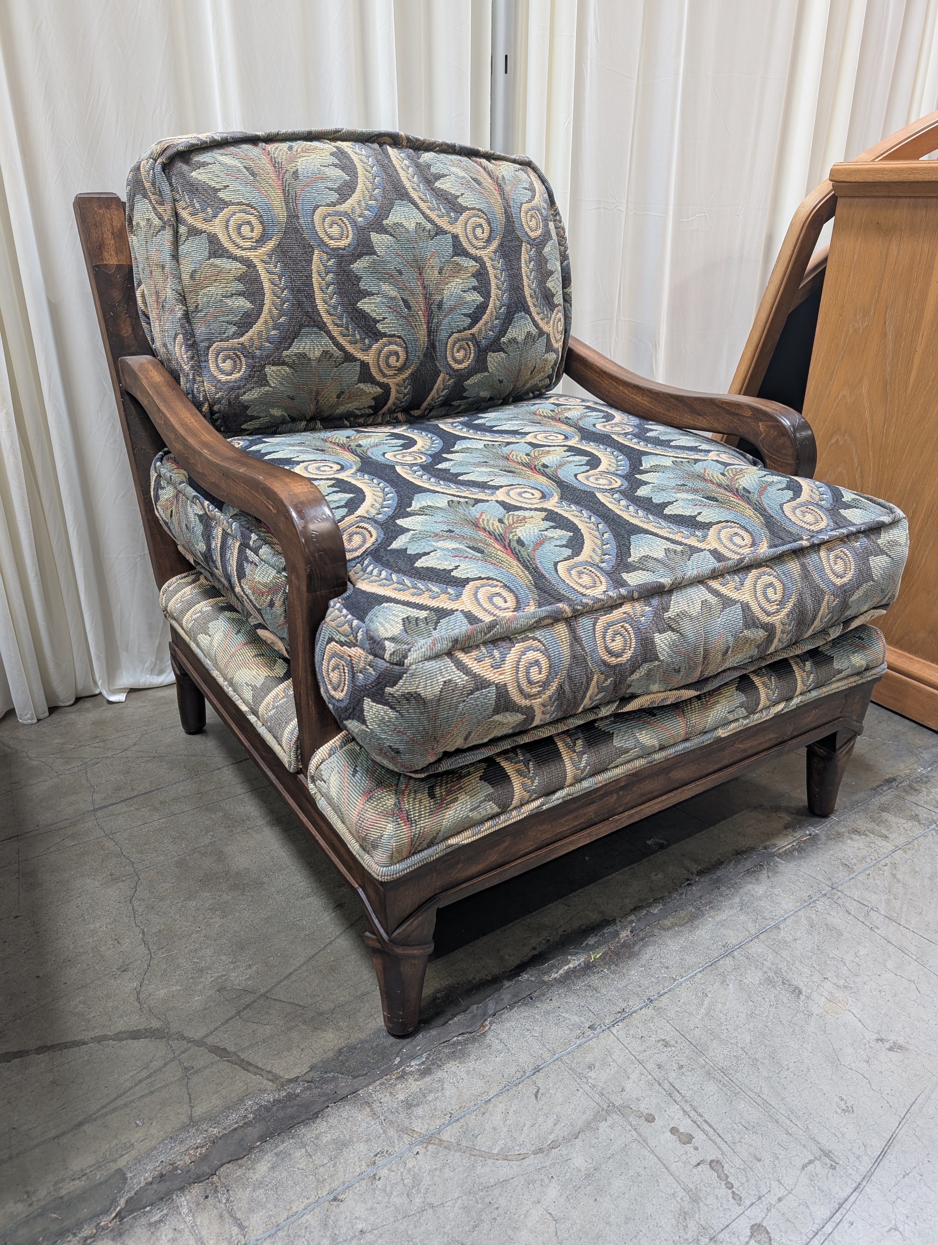Carved Wood Accent Armchair with Tapestry Cushions
