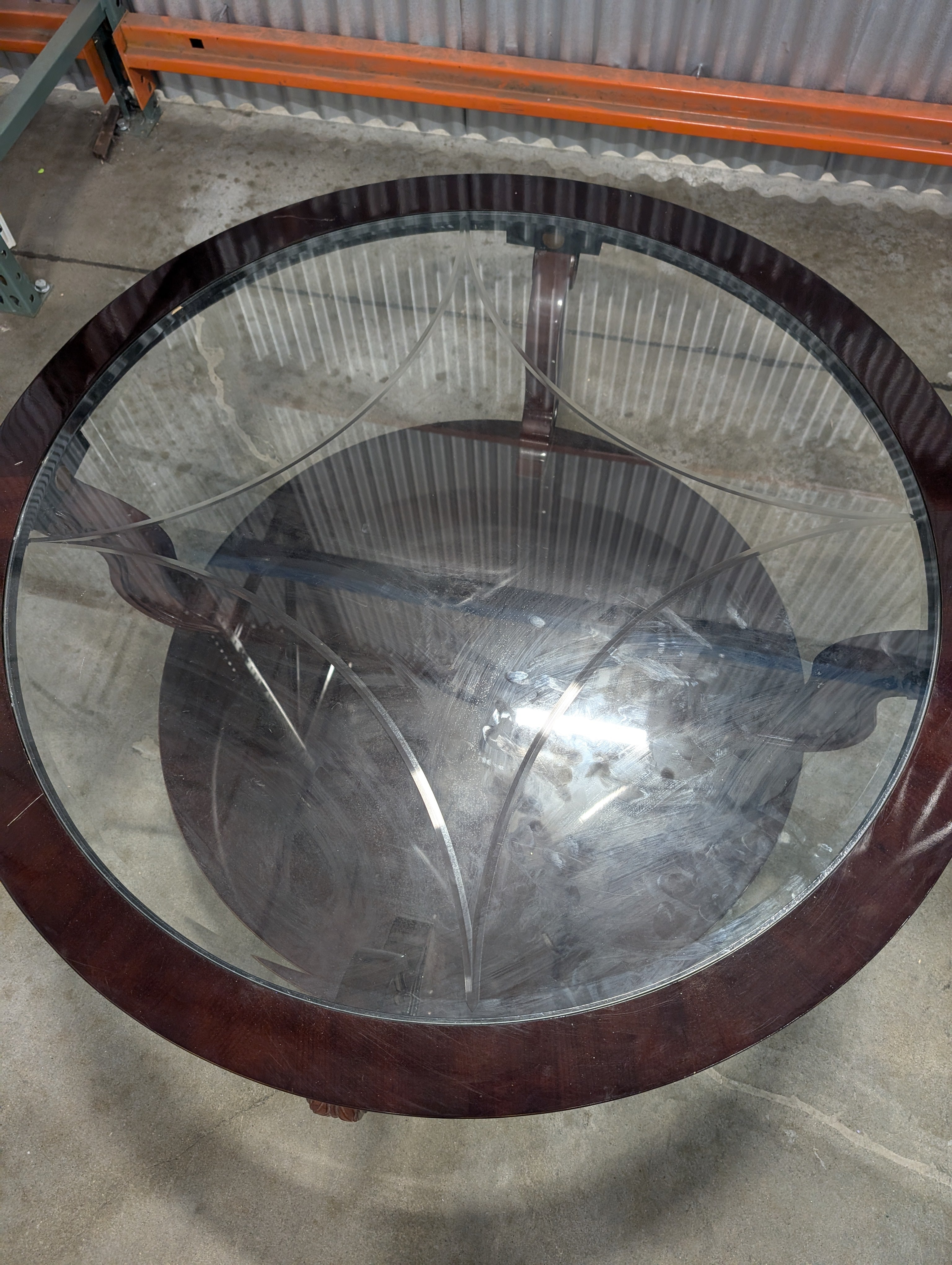 Circular Dark Wood Coffee Table with Glass Inlay